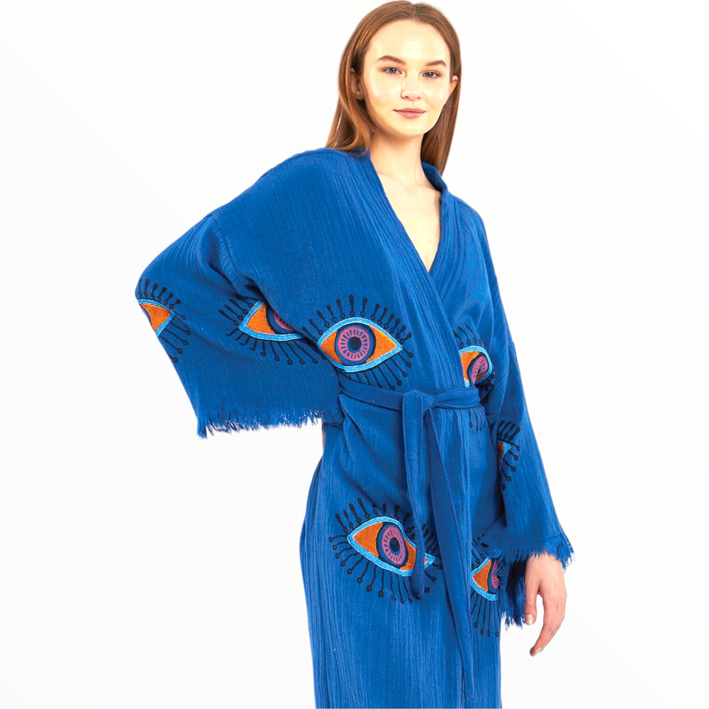Hand-Made Block Print Evil Eye Turkish Towel Kimono Robe Kaftan