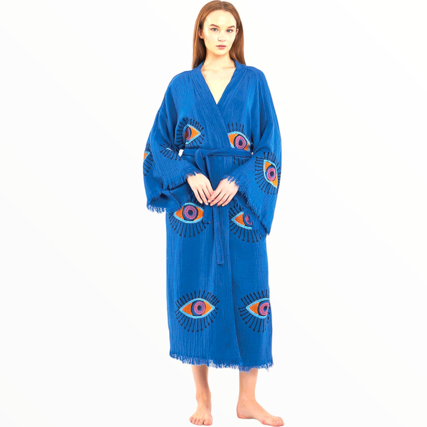 Hand-Made Block Print Evil Eye Turkish Towel Kimono Robe Kaftan