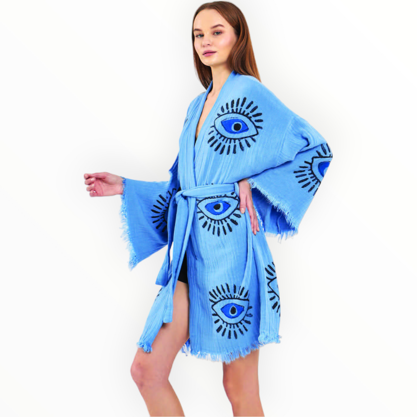 Natural Turkish Cotton Handmade Evil Eye Kimono Robe