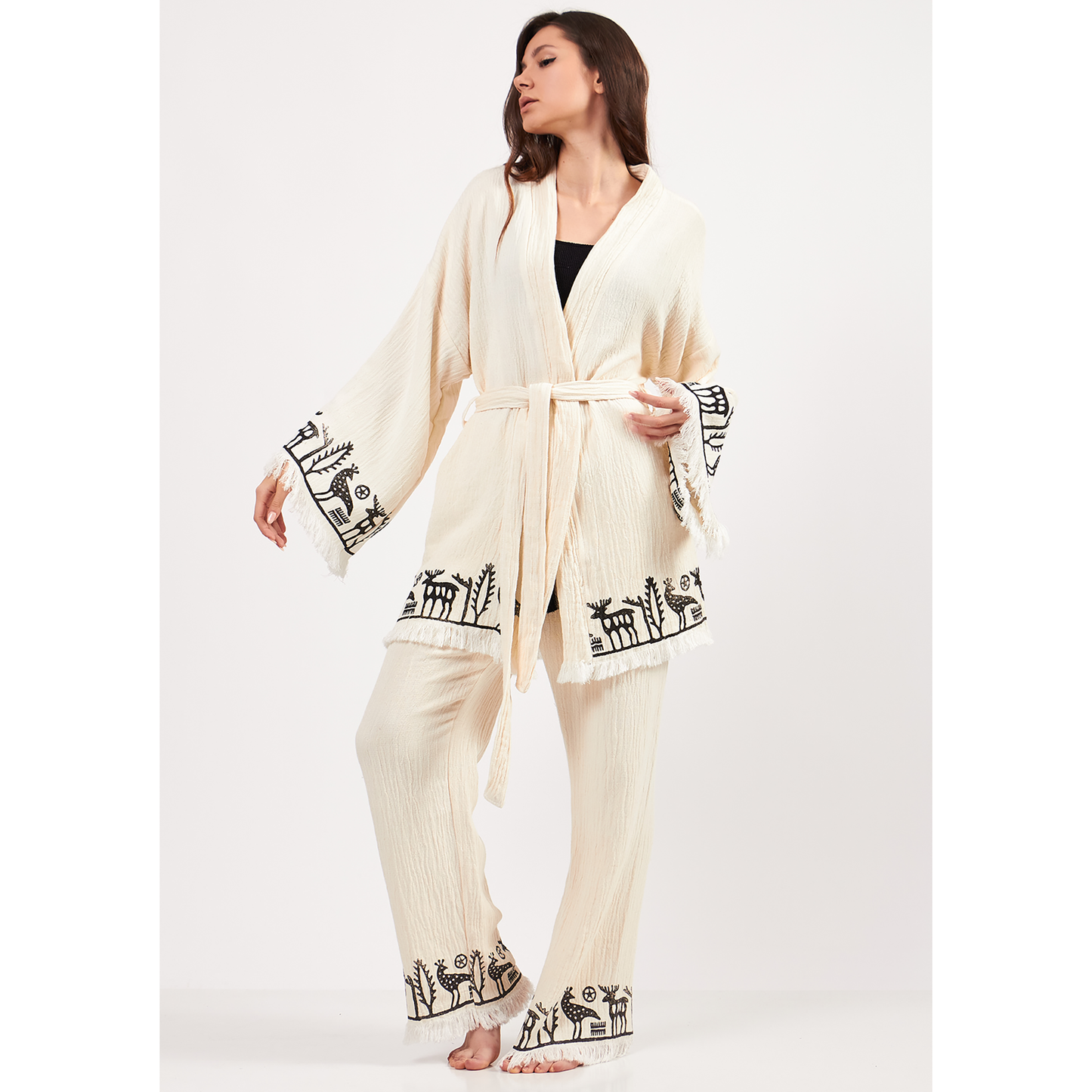 Natural Cotton Kimono Jacket Pants Set