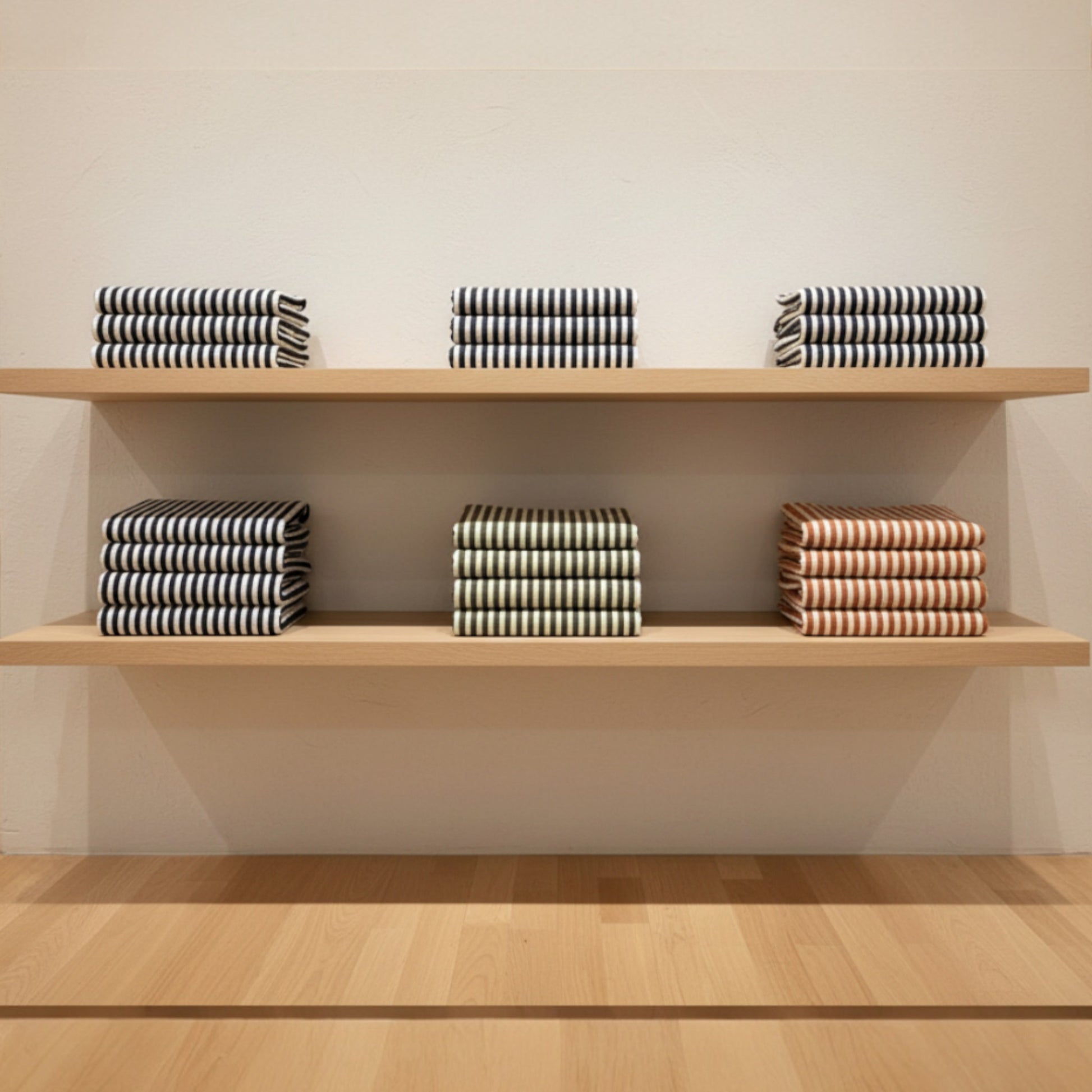 Stacks of folded Natural Cotton Traditional Hand Towel on wooden shelves against a plain wall.