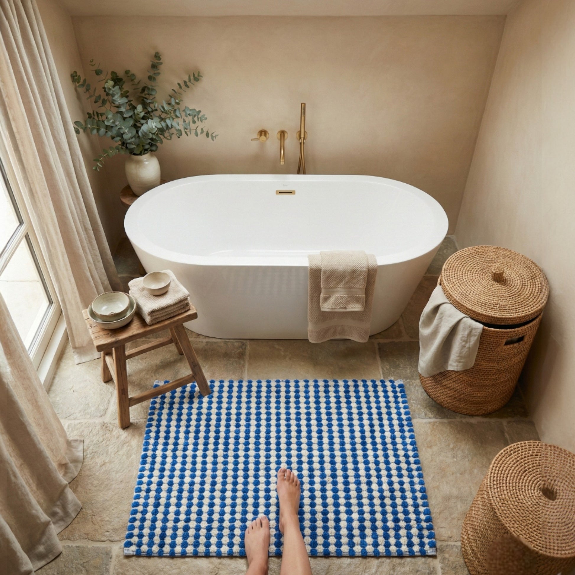 Bathroom with a freestanding bathtub, Natural Cotton Turkish Terry Towel Bath Mat – Indigo Dotted, and wicker basket.