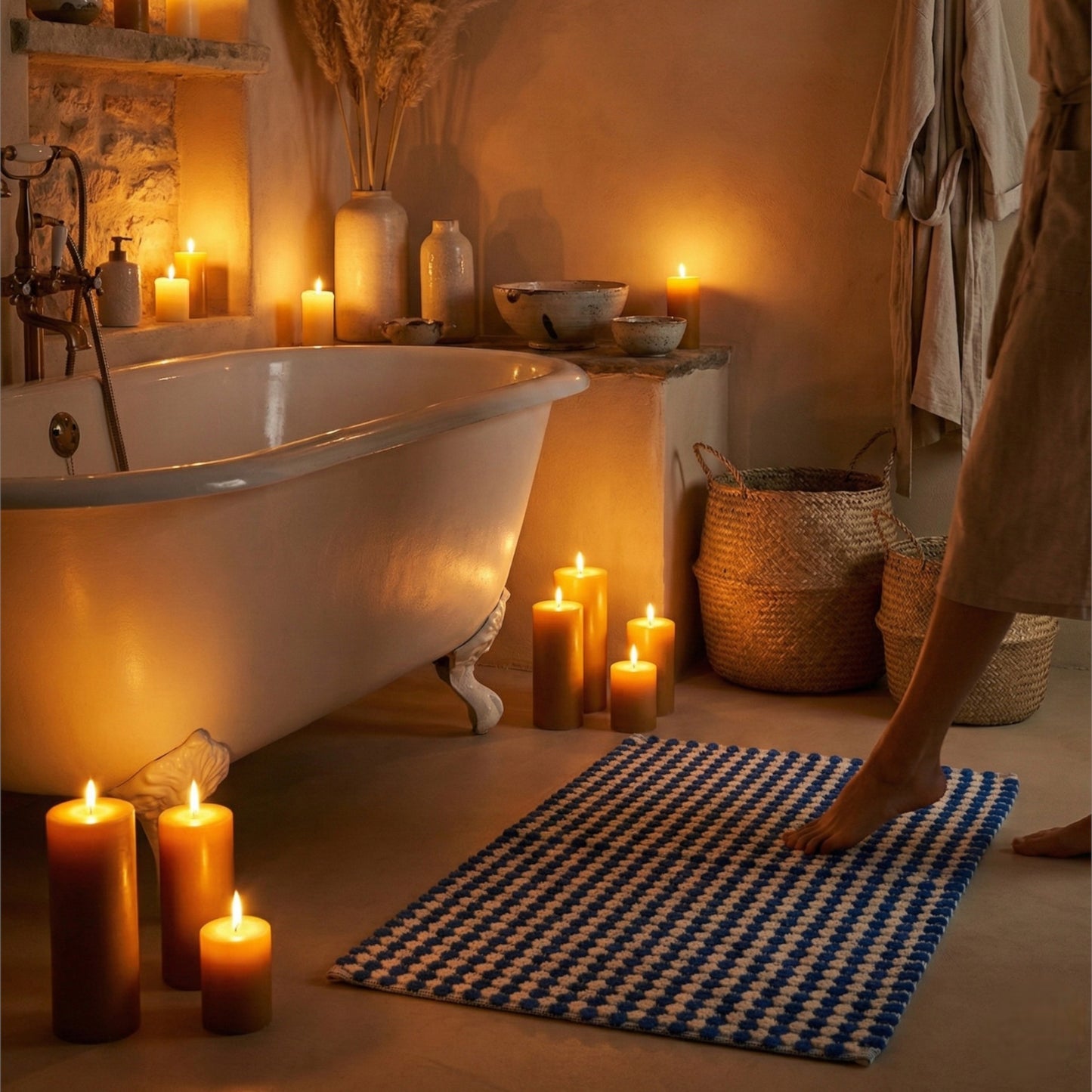 Cozy bathroom with a freestanding bathtub, Natural Cotton Turkish Terry Towel Bath Mat – Indigo Dotted, candles, and a checkered rug.