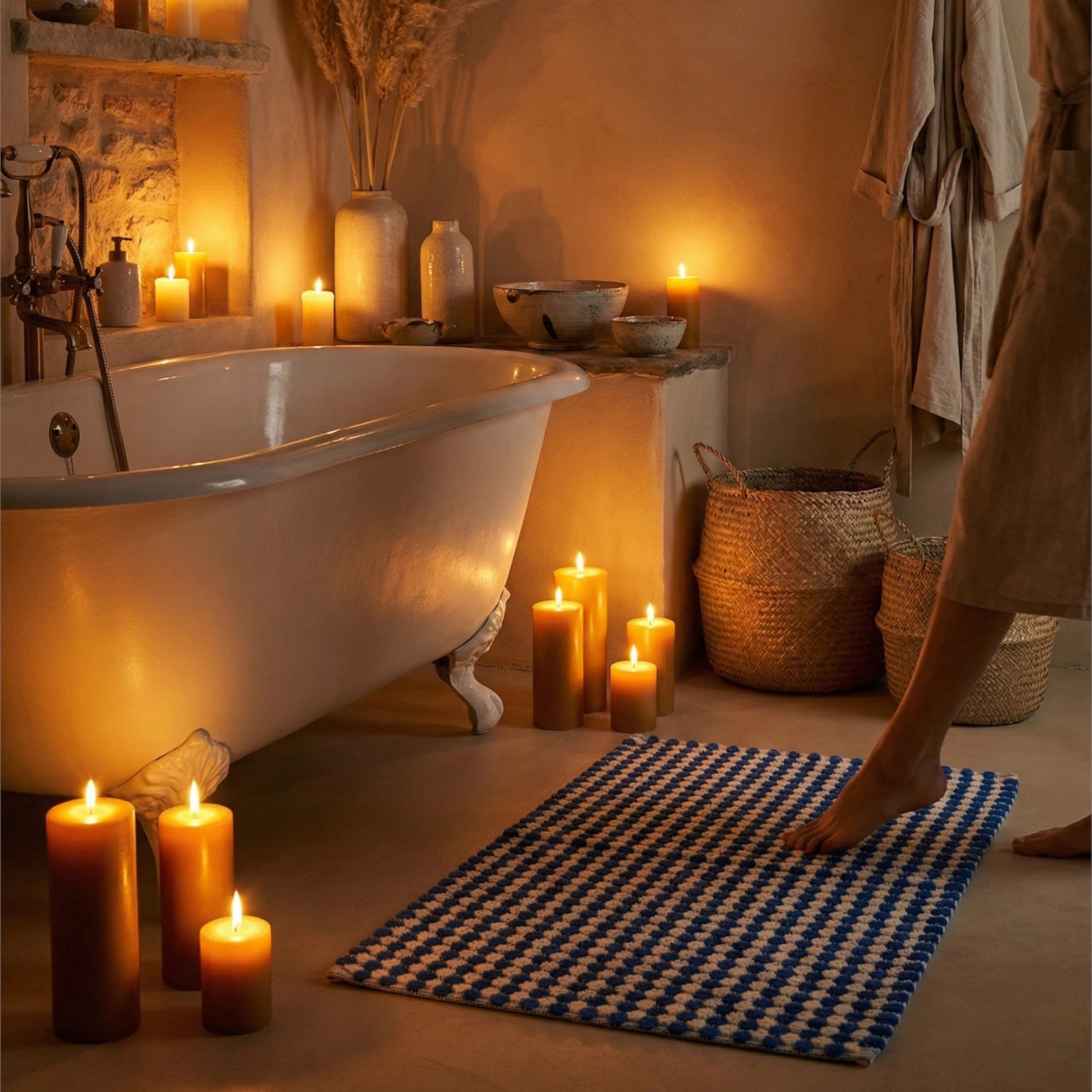 Cozy bathroom with a freestanding bathtub, Natural Cotton Turkish Terry Towel Bath Mat – Indigo Dotted, candles, and a checkered rug.