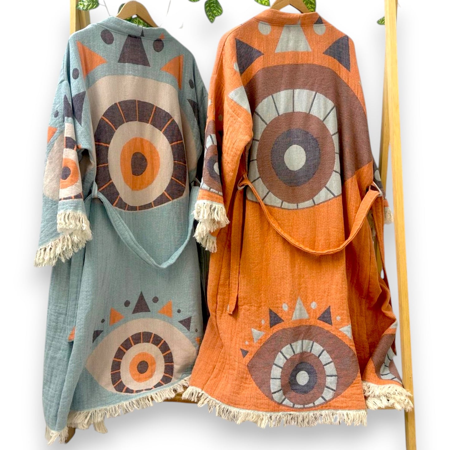 Natural Cotton Turkish Towel Evil Eye Kimono Robe & Towel Set