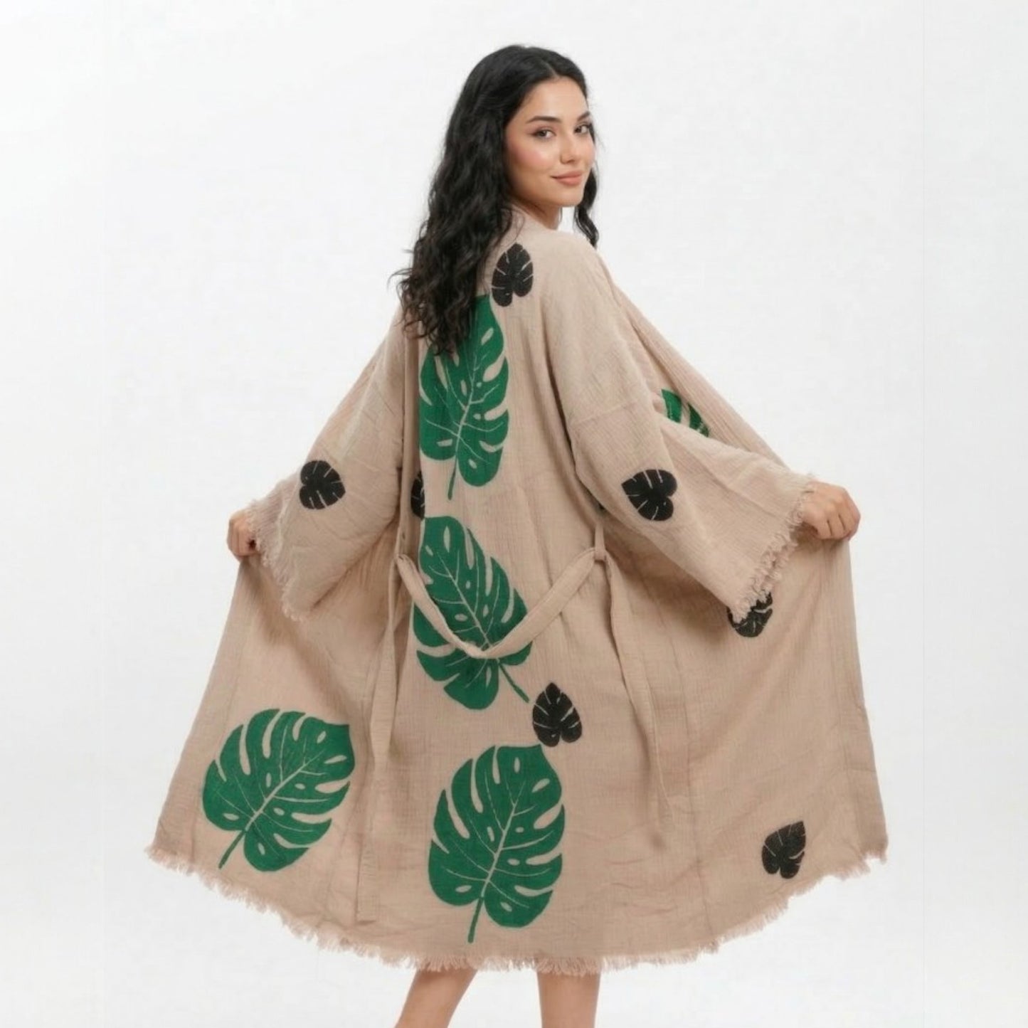 Woman wearing a Turkish Towel Kimono Robe – Hand Block Printed Natural Cotton Kimono | Evil Eye Kimono Robe Collection