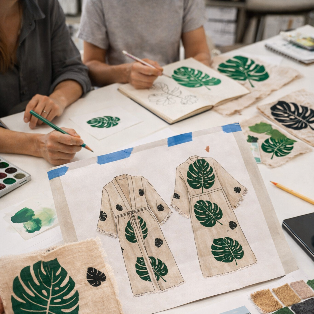 Two people working on fashion design sketches with leaf patterns on a table to produce Turkish Towel Kimono Robe – Hand Block Printed Natural Cotton Kimono | Evil Eye Kimono Robe Collection