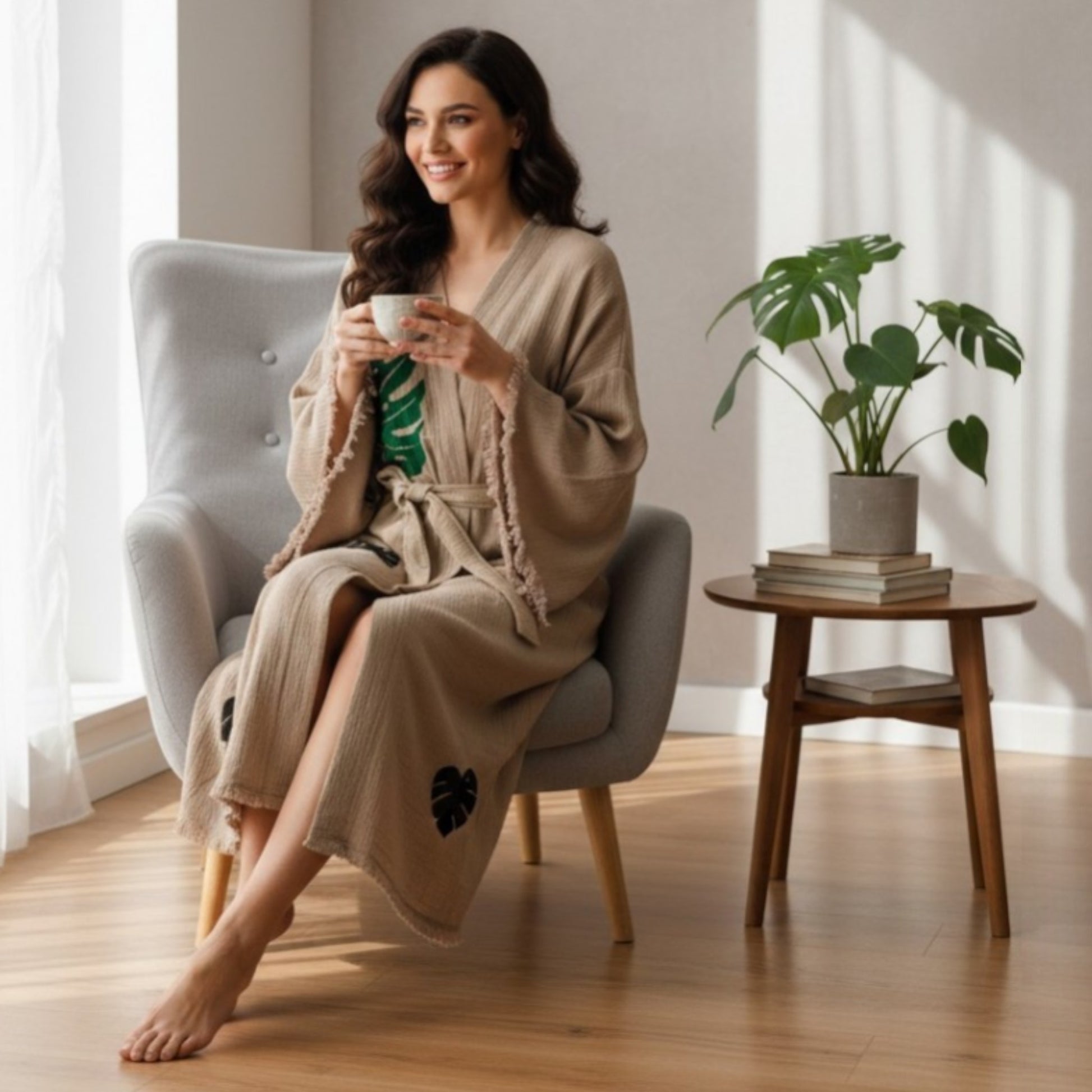 Woman in a Turkish Towel Kimono Robe – Hand Block Printed Natural Cotton Kimono | Evil Eye Kimono Robe Collection holding a cup, sitting in a chair with a plant and books on a side table.
