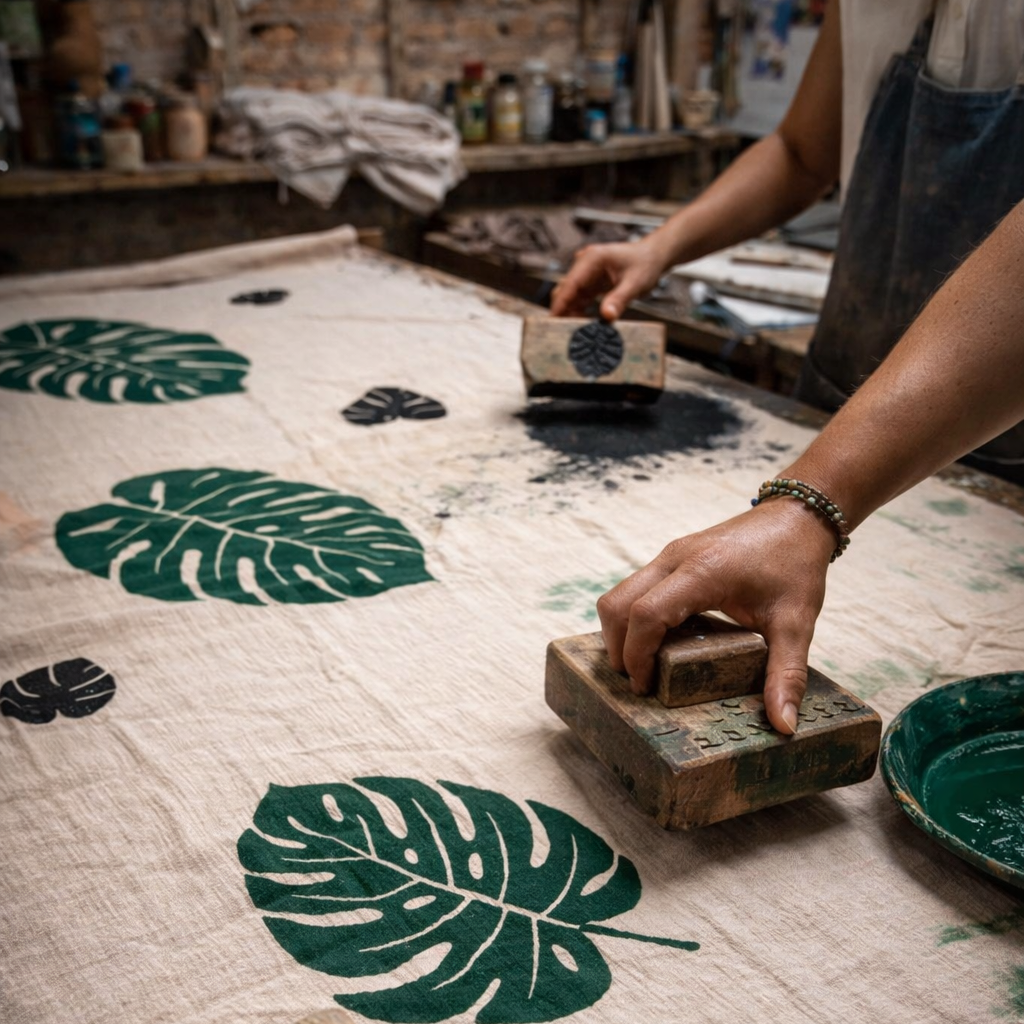 Person stamping green leaf patterns on fabric in a workshop setting for production Turkish Towel Kimono Robe – Hand Block Printed Natural Cotton Kimono | Evil Eye Kimono Robe Collection