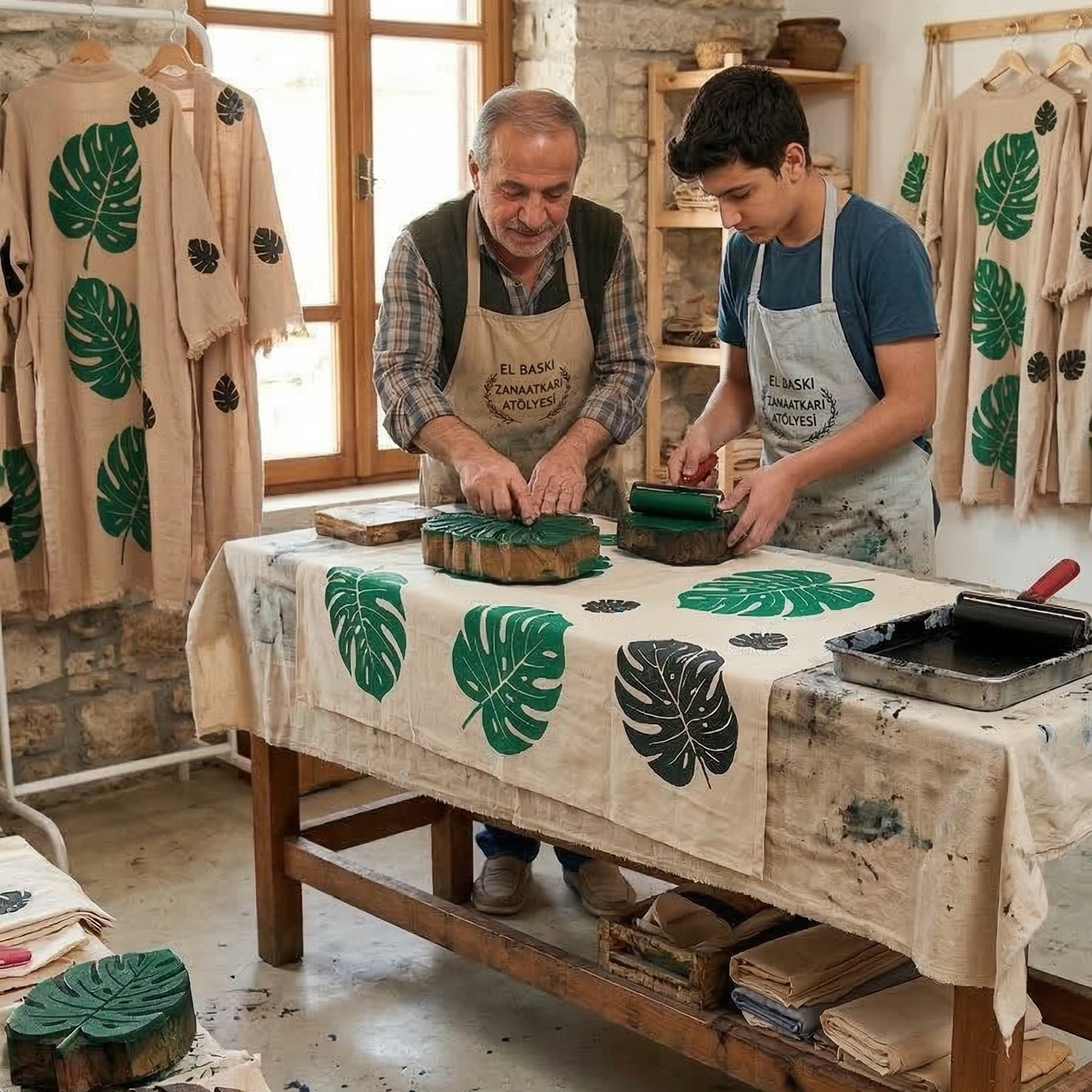 Two men in a workshop with green leaf patterns on fabric and clothing to produce Turkish Towel Kimono Robe – Hand Block Printed Natural Cotton Kimono | Evil Eye Kimono Robe Collection