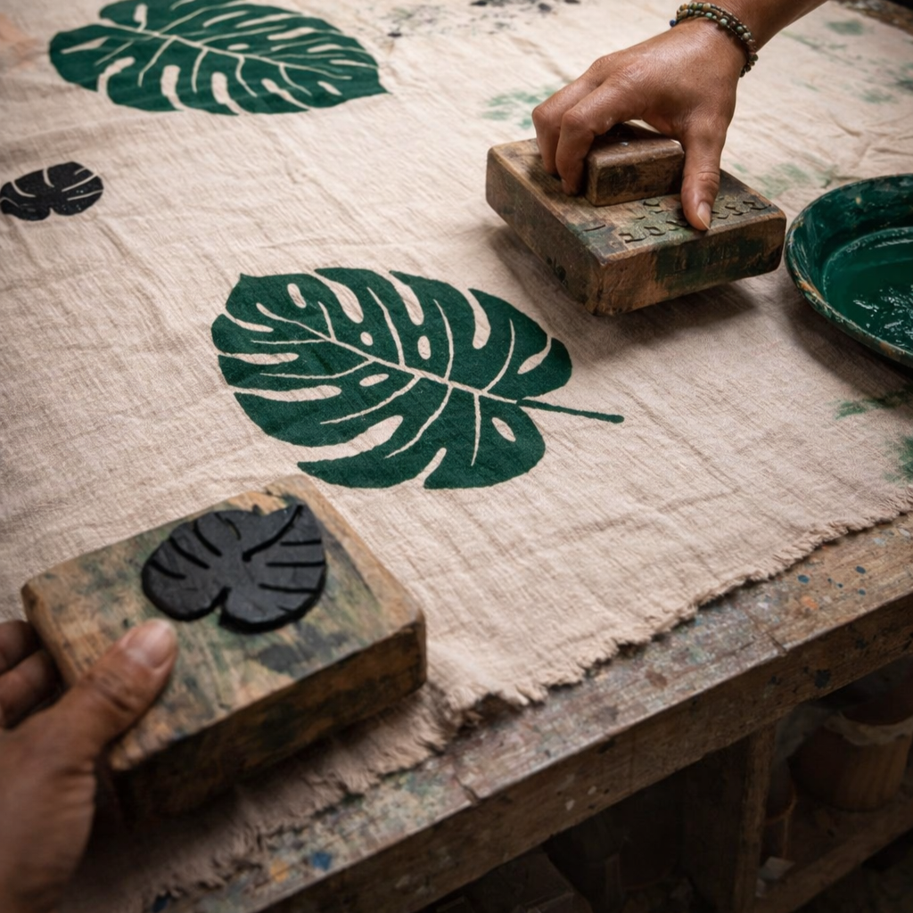 Hand stamping green leaf designs onto fabric with wooden stamps to produce Turkish Towel Kimono Robe – Hand Block Printed Natural Cotton Kimono | Evil Eye Kimono Robe Collection