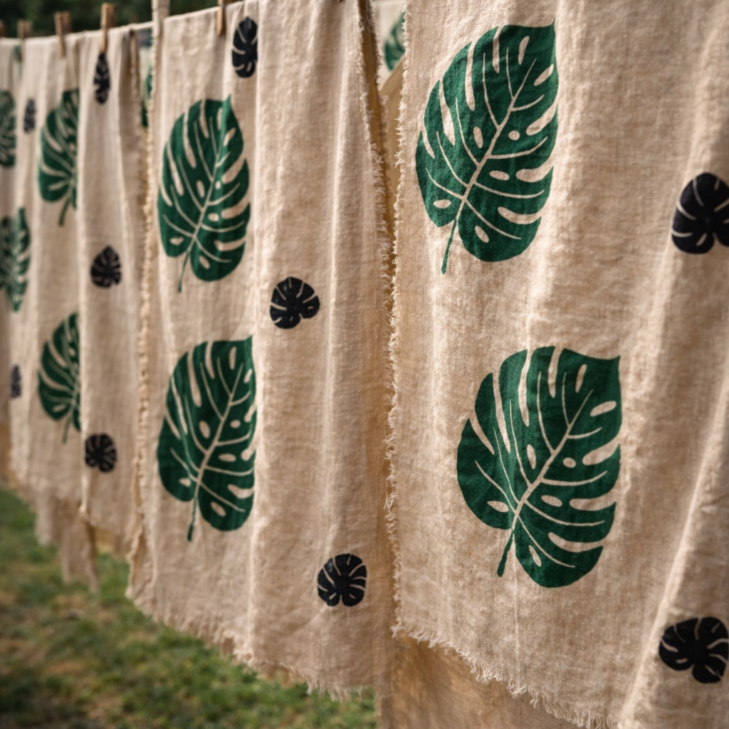 Textiles with green leaf patterns hanging on a line outdoors to dry Turkish Towel Kimono Robe – Hand Block Printed Natural Cotton Kimono | Evil Eye Kimono Robe Collection