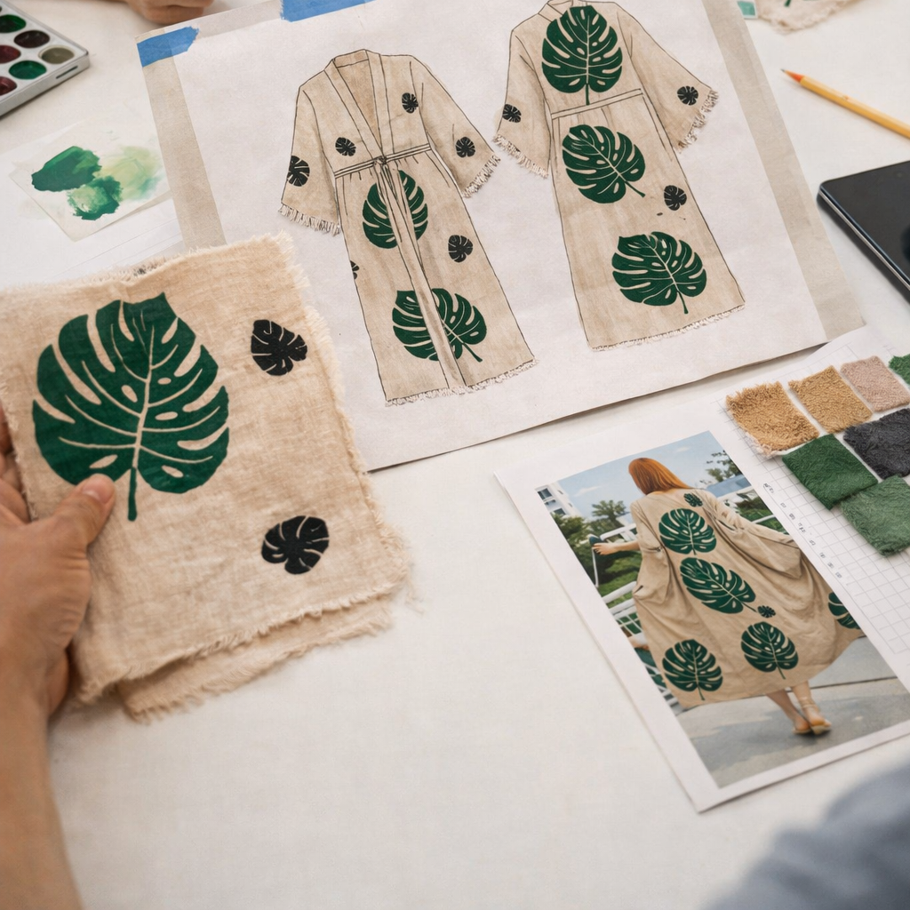 Fabric with leaf pattern held by a hand, surrounded by design sketches and color swatches on a table for production of Turkish Towel Kimono Robe – Hand Block Printed Natural Cotton Kimono | Evil Eye Kimono Robe Collection
