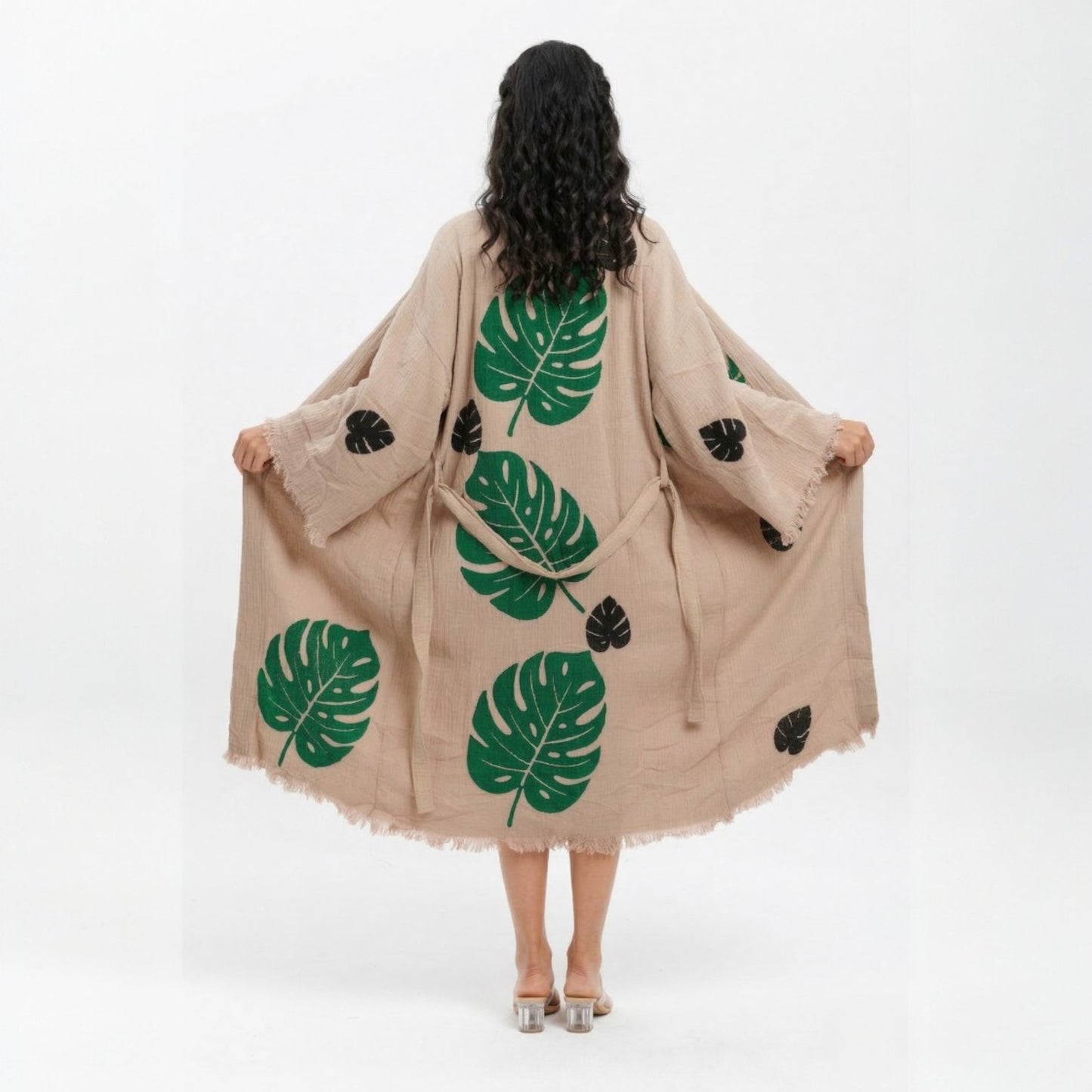 Person wearing a beige Turkish Towel Kimono Robe – Hand Block Printed Natural Cotton Kimono | Evil Eye Kimono Robe Collection on a white background