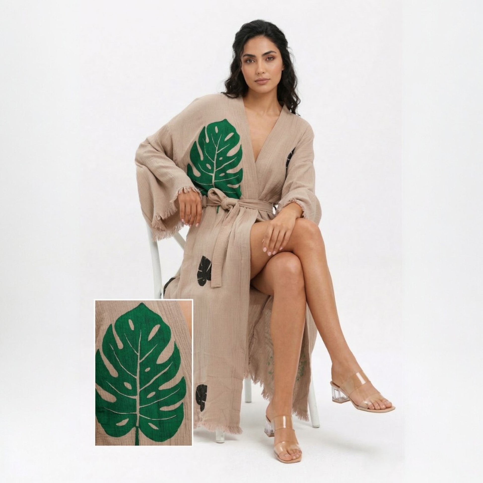 Woman wearing a beige Turkish Towel Kimono Robe – Hand Block Printed Natural Cotton Kimono | Evil Eye Kimono Robe Collection, sitting on a white chair.