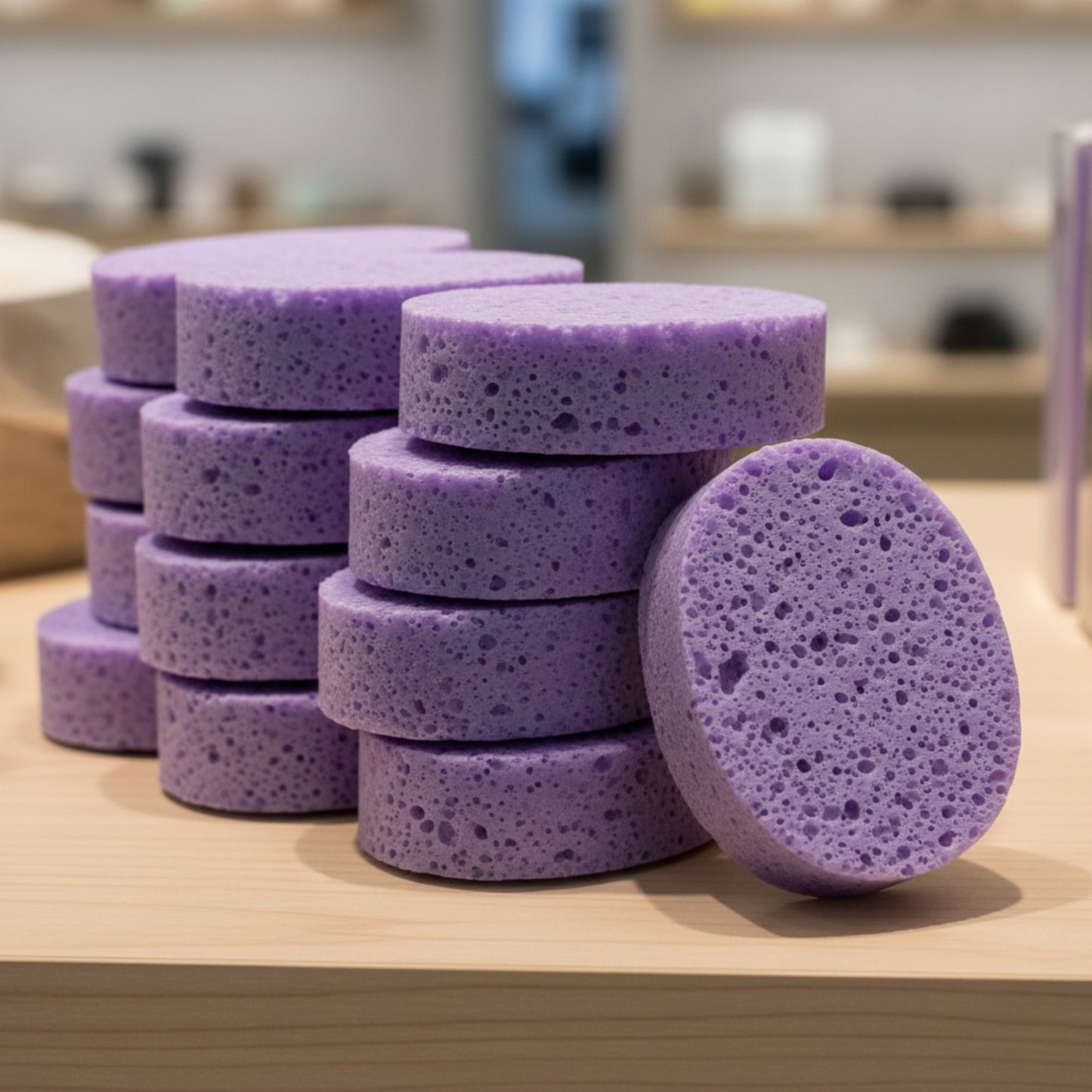 Stack of purple Natural Lavender Soap With Sponge on a wooden surface with a blurred kitchen background