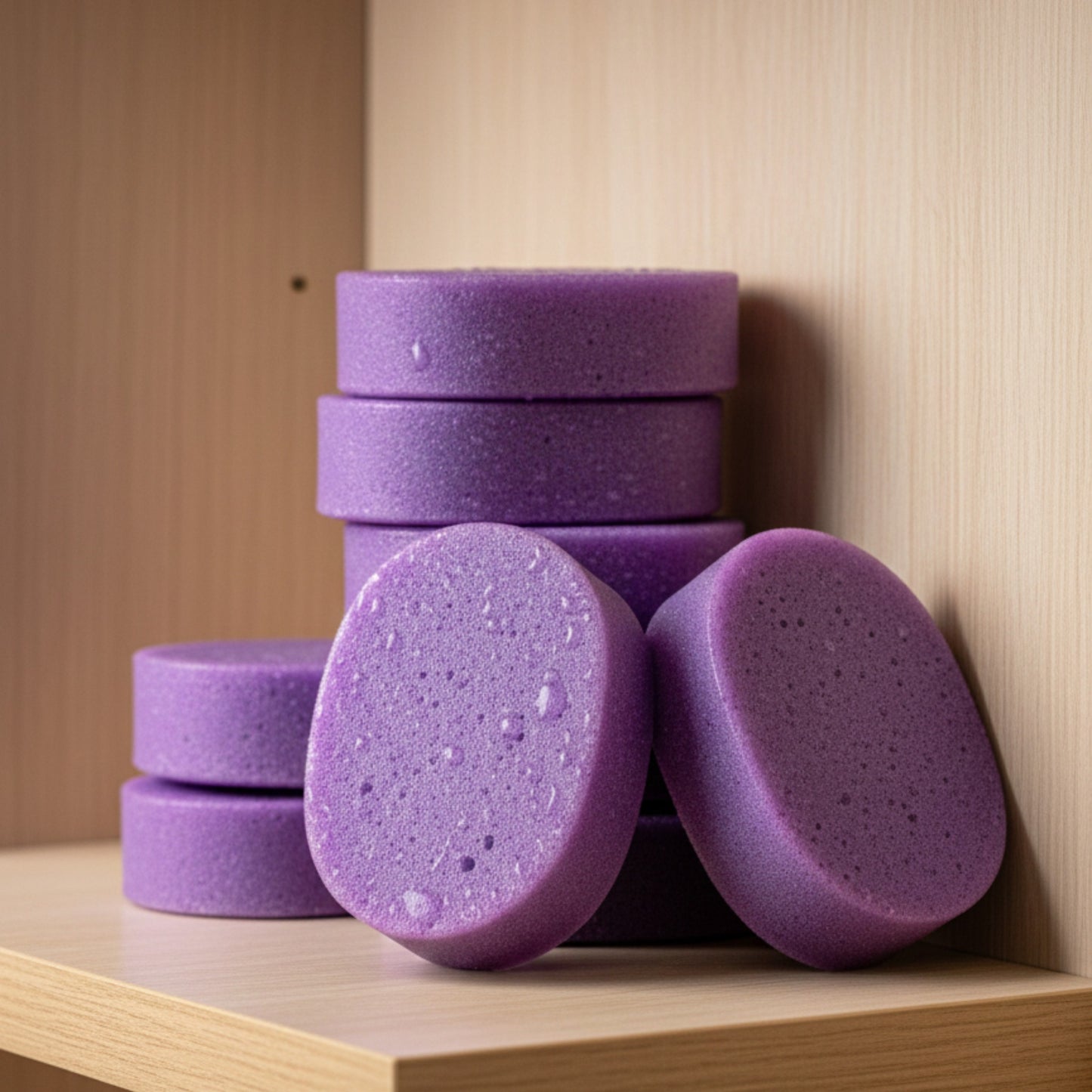 Stack of purple Natural Lavender Soap With Sponges on a wooden surface with a wooden wall background