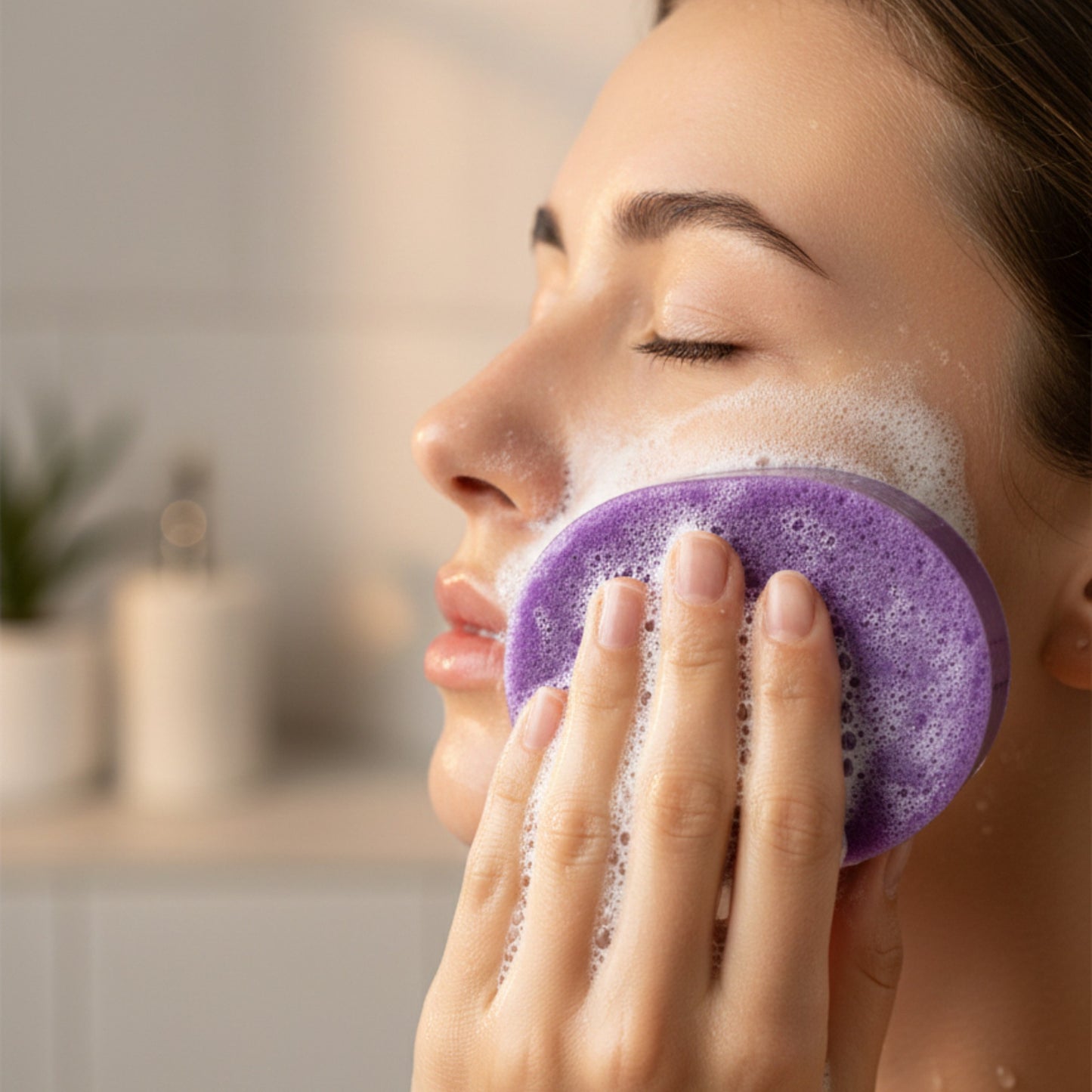 Woman using a Natural Lavender Soap With Sponge on her face in a bathroom setting.