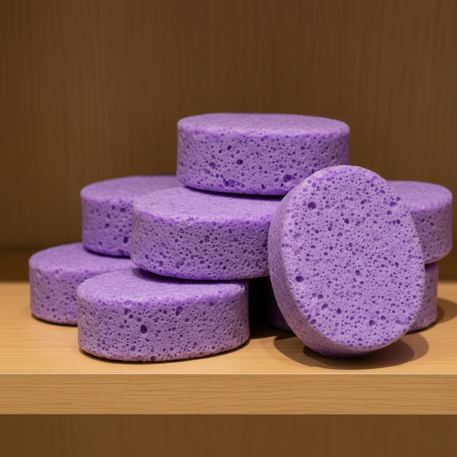 Stack of purple Natural Lavender Soap With Sponges on a wooden surface with a brown background