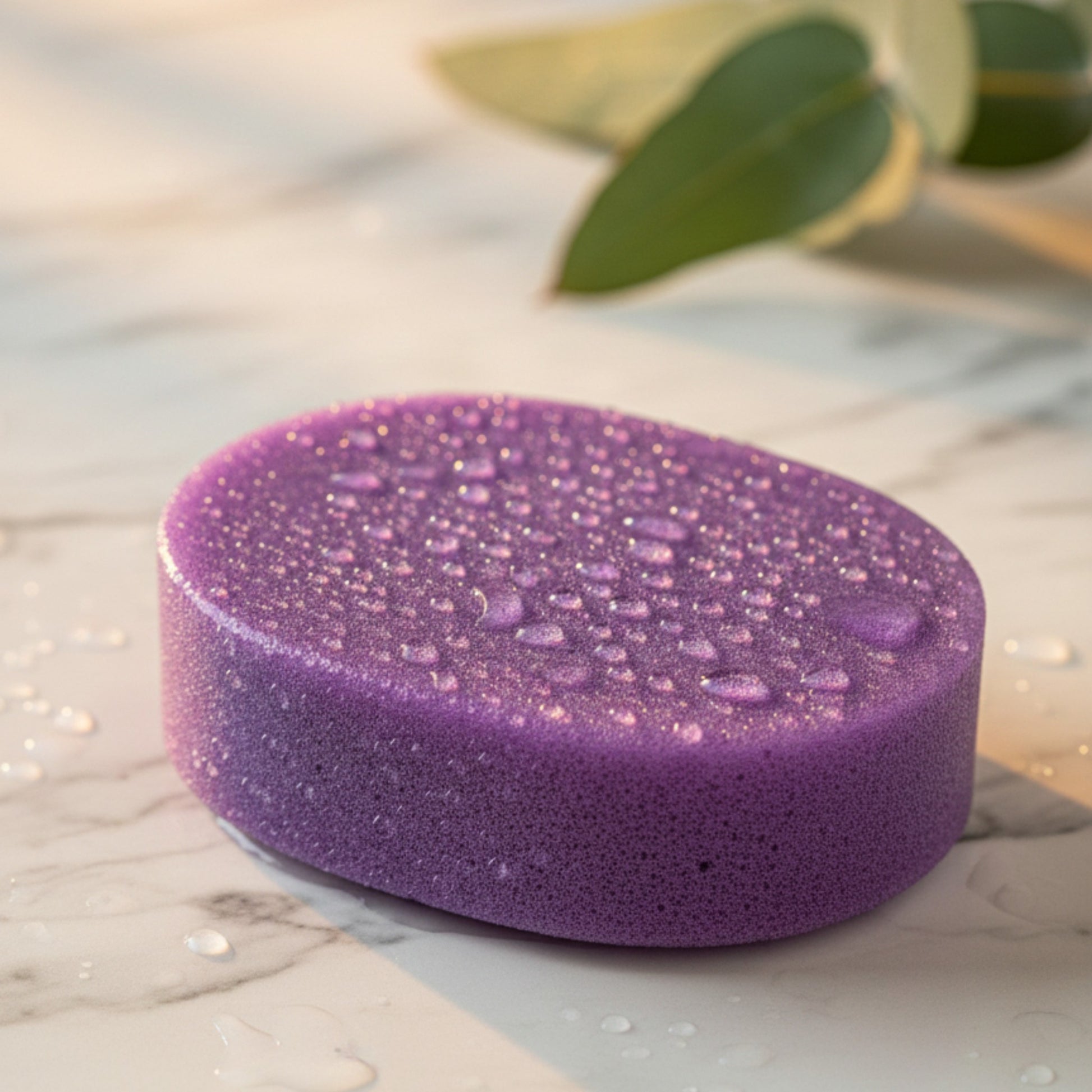 Purple Natural Lavender Soap With Sponge with water droplets on a marble surface