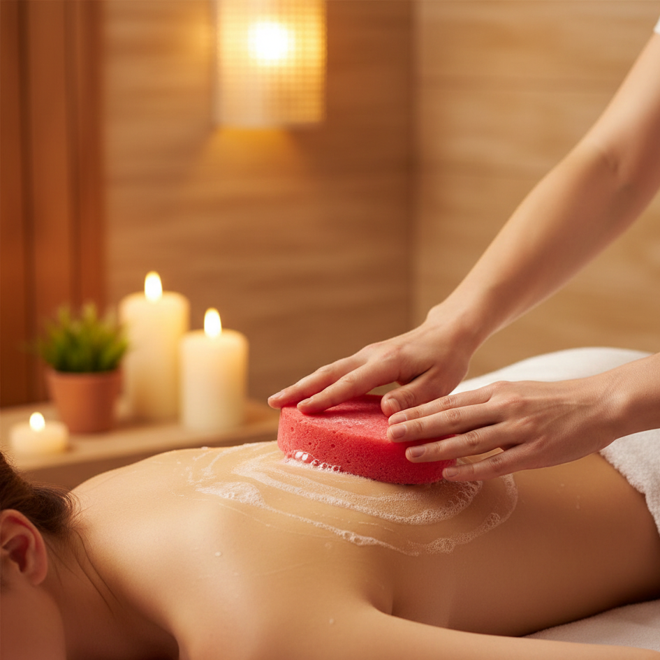 Person receiving a back massage with a Natural Pomegranate Soap With Sponge in a spa setting.