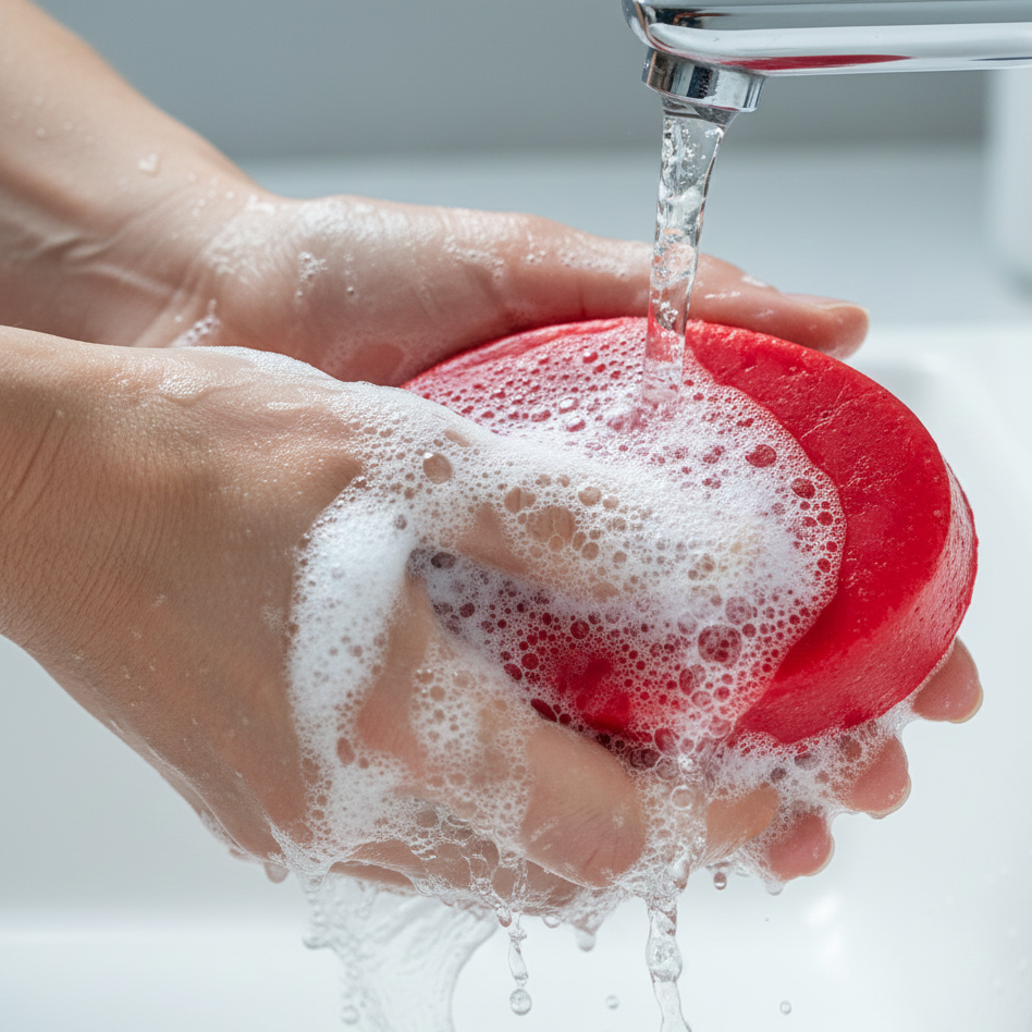 Hand washing a Natural Pomegranate Soap With Sponge under running water in a sink.