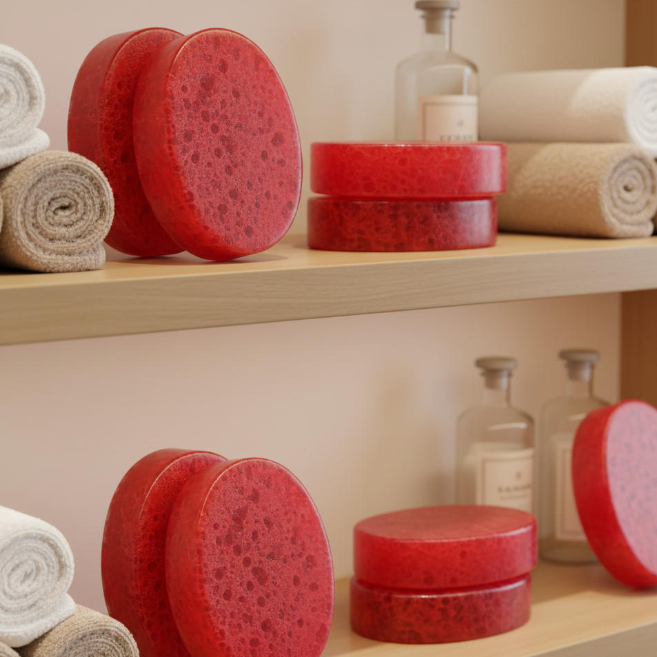 Natural Pomegranate Soap With Sponge with textured lids on a shelf with rolled towels and bottles.
