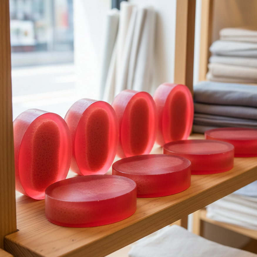 Red Natural Pomegranate Soap With Sponge on a wooden shelf with a blurred background