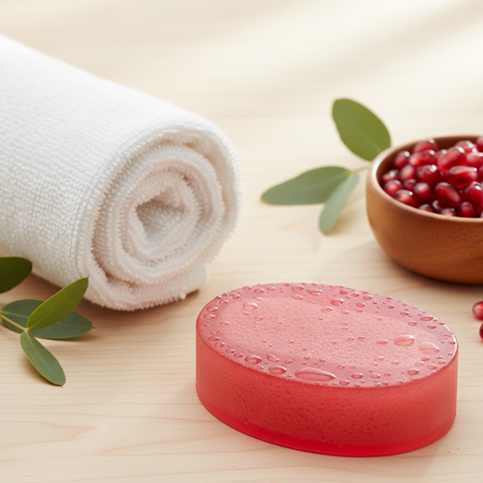 Red Natural Pomegranate Soap With Sponge with pomegranate seeds and leaves on a light surface