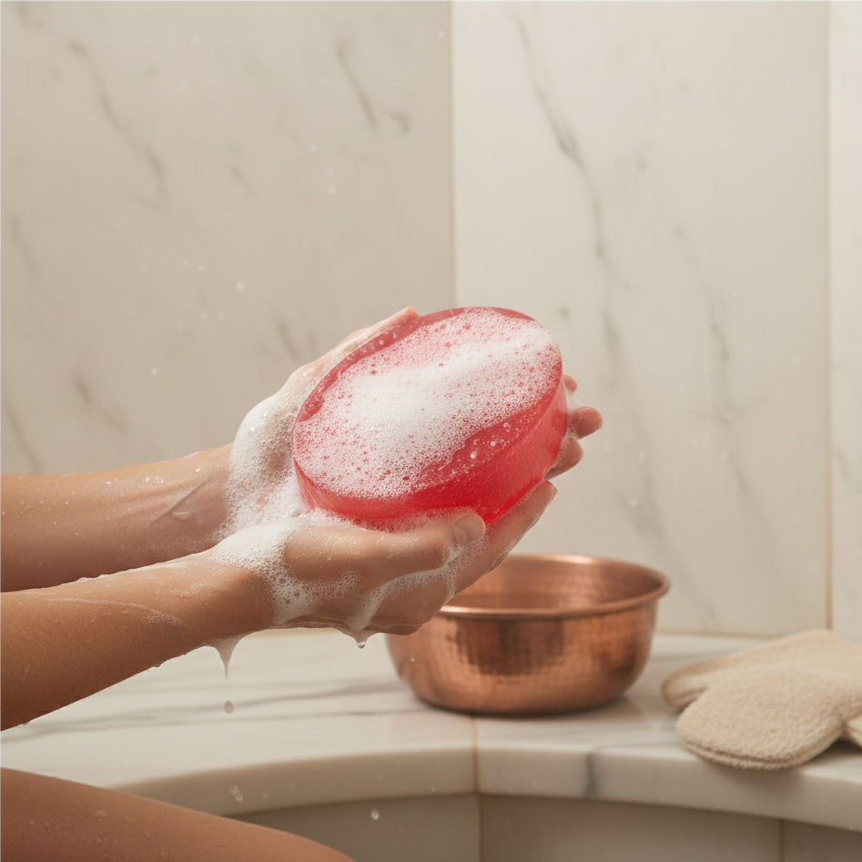 Person holding a red bar of Natural Pomegranate Soap With Sponge with bubbles in a bathroom setting.