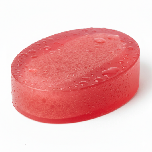 Red Natural Pomegranate Soap With Sponge with water droplets on a white background