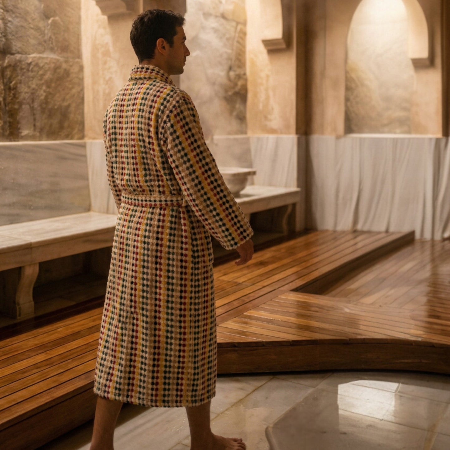 Man in a Natural Cotton Hand-Woven Unisex One Size Terry Towel Bathrobe L/XL standing in a steam room with wooden benches and marble walls.