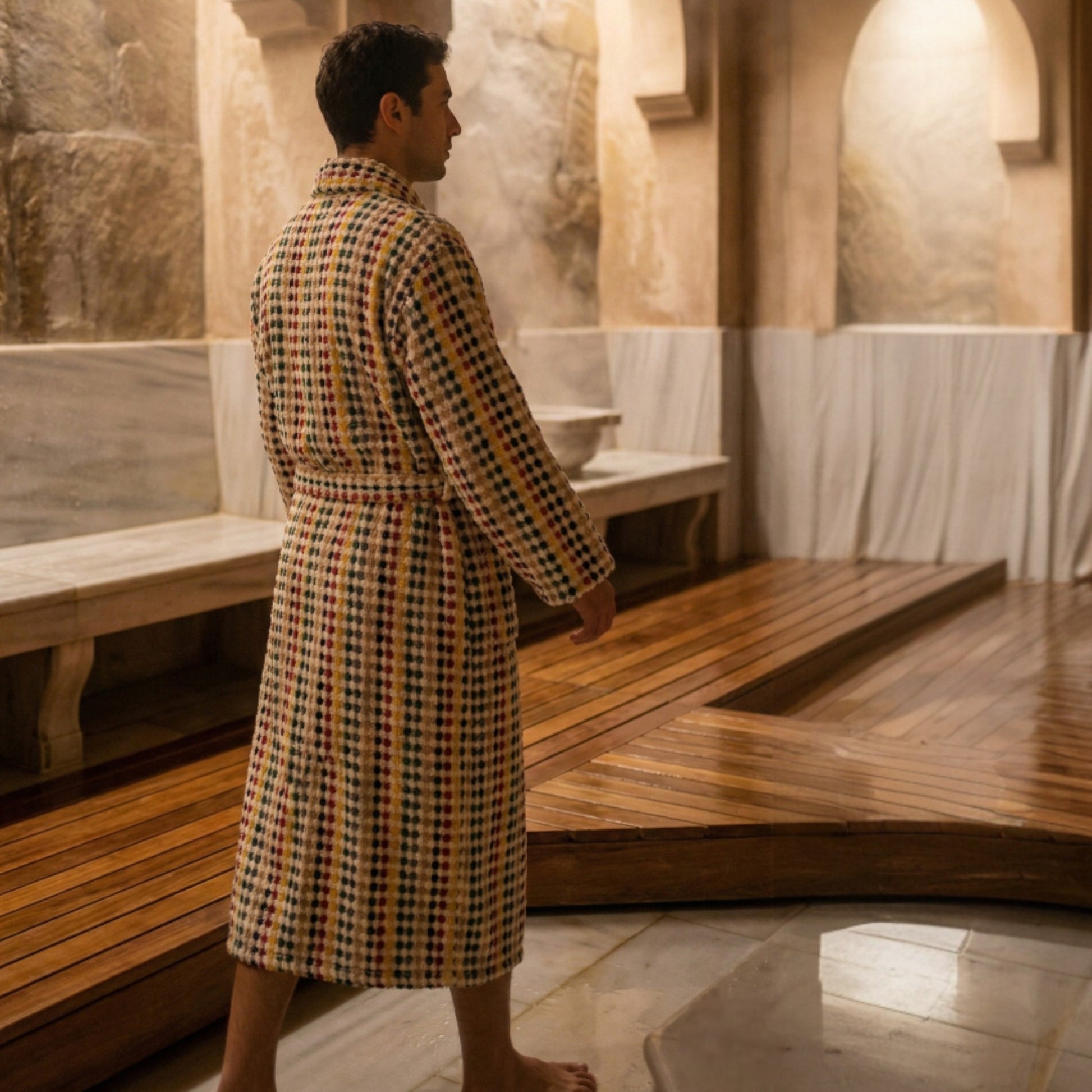 Man in a Natural Cotton Hand-Woven Unisex One Size Terry Towel Bathrobe L/XL standing in a steam room with wooden benches and marble walls.