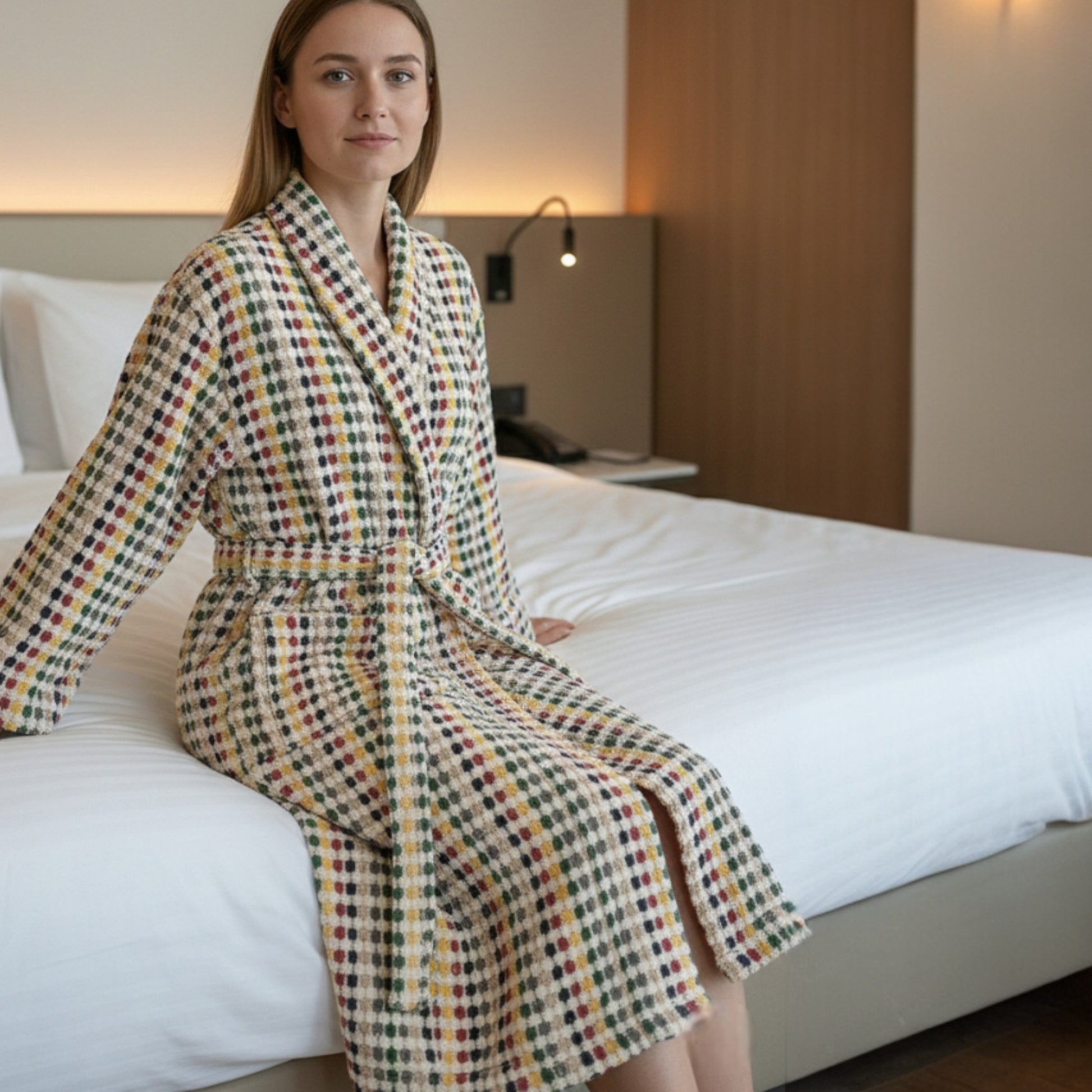 Woman in a Natural Cotton Hand-Woven Unisex One Size Terry Towel Bathrobe L/XL sitting on a bed in a hotel room.