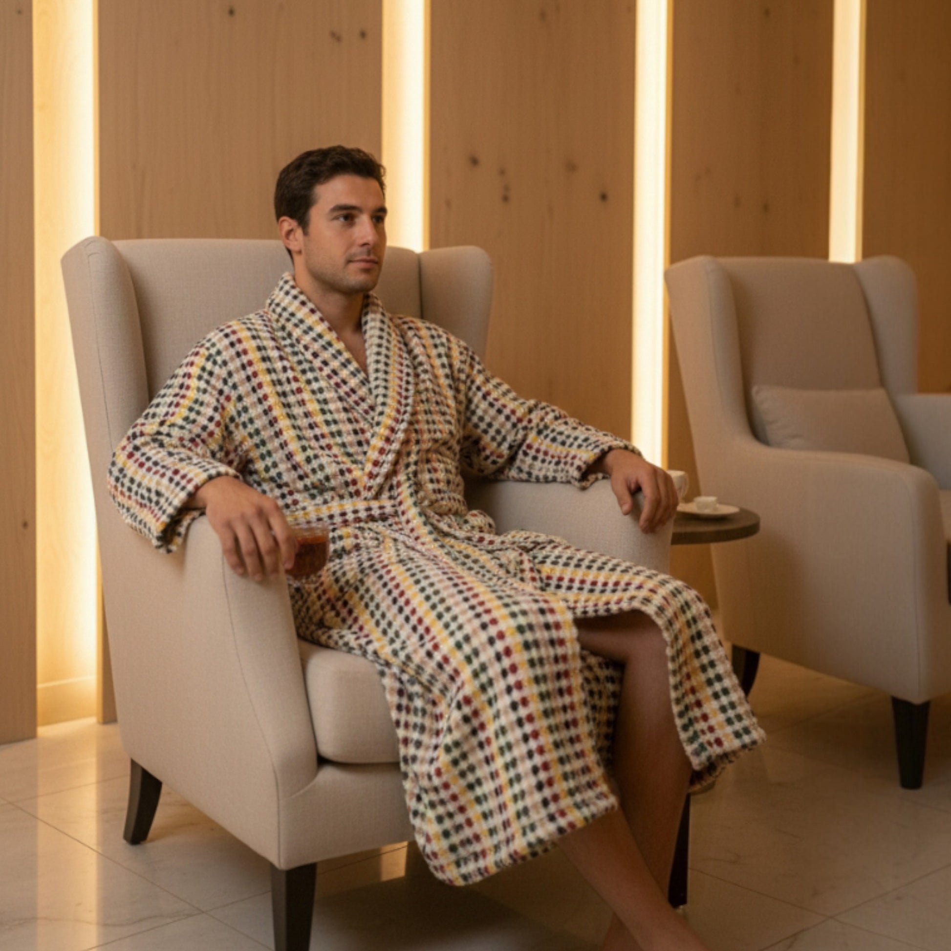 Man sitting in a chair wearing a Natural Cotton Hand-Woven Unisex One Size Terry Towel Bathrobe L/XL in a warmly lit room.
