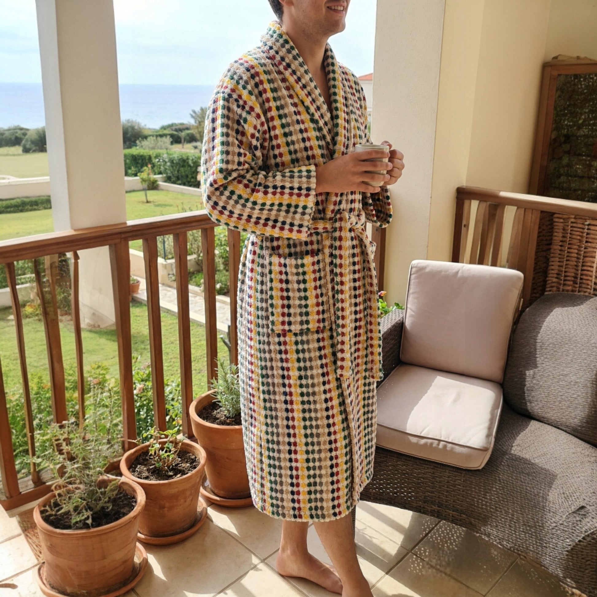 Person wearing a Natural Cotton Hand-Woven Unisex One Size Terry Towel Bathrobe L/XL on a balcony with potted plants and a view of greenery.