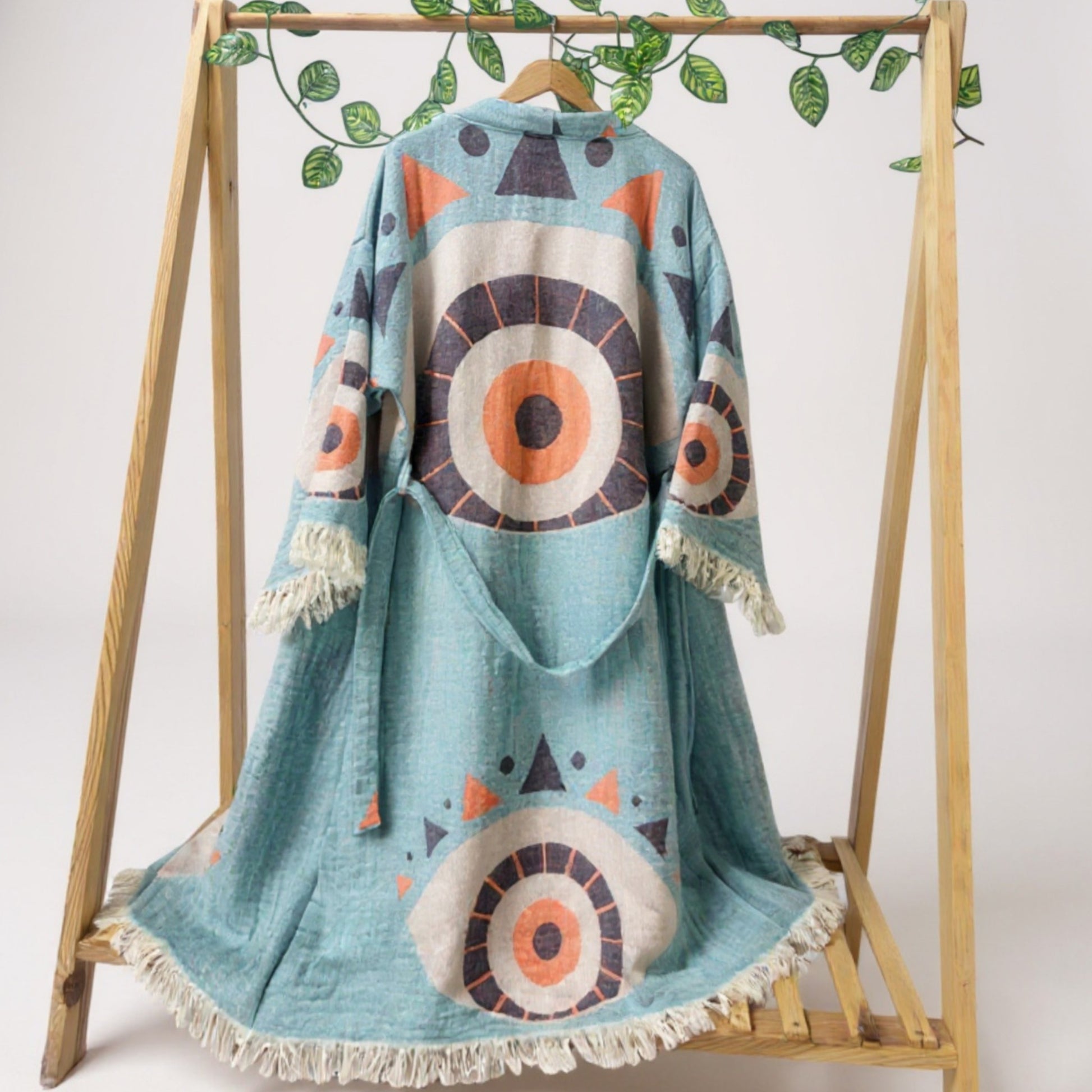 Natural Cotton Turkish Towel Evil Eye Kimono Robe and Towel Set – Handwoven, Sustainable, One Size Kimono with Matching 90x180 cm Hammam Towel by Derviş Textiles