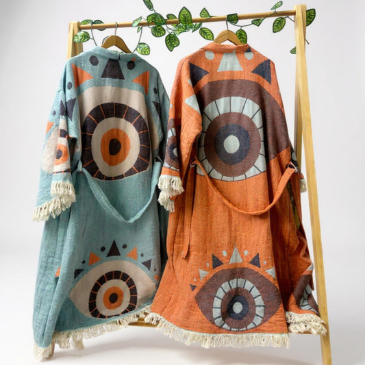 Natural Cotton Turkish Towel Evil Eye Kimono Robe and Towel Set – Handwoven, Sustainable, One Size Kimono with Matching 90x180 cm Hammam Towel by Derviş Textiles