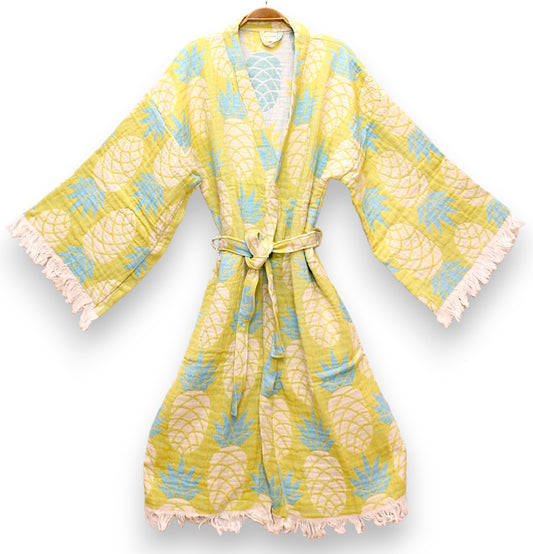 Pineapple Design Three Layers Muslin Turkish Towel Kimono Robe