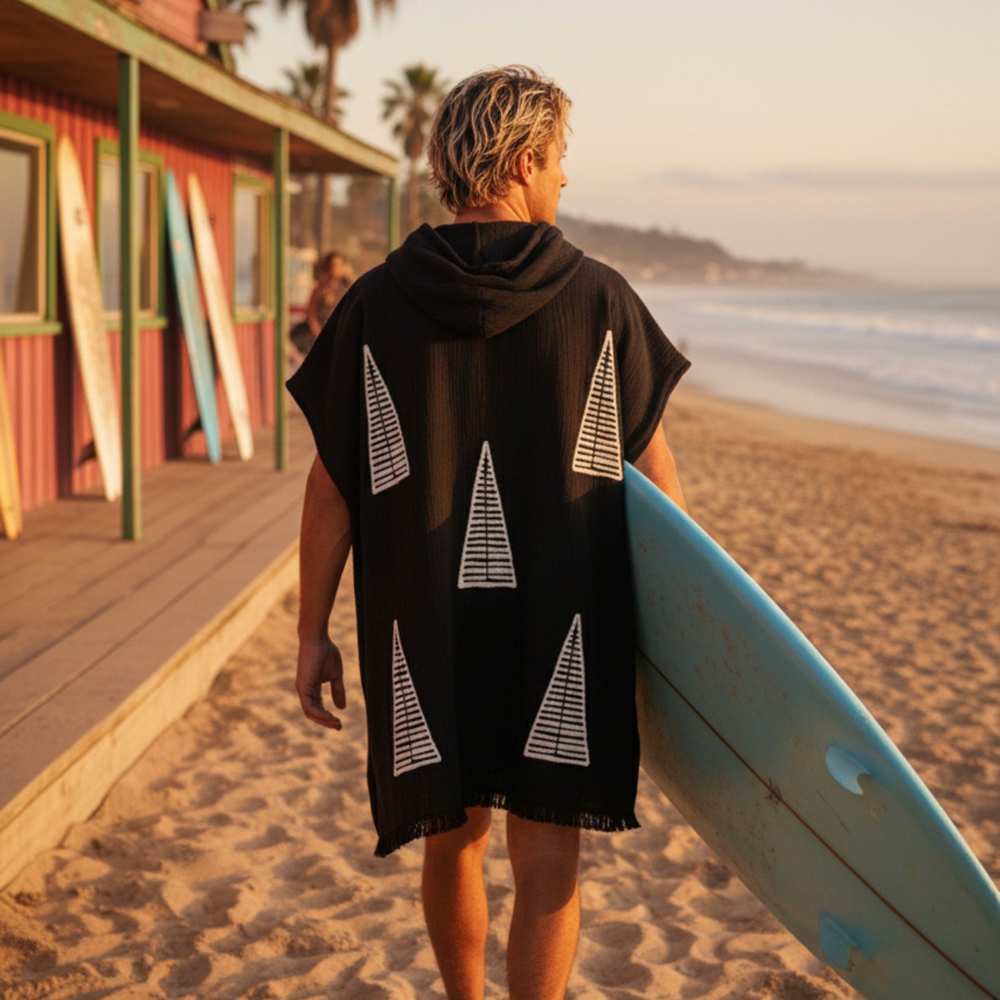 Pyramid Turkish Towel Surf Poncho - Ecru on Black