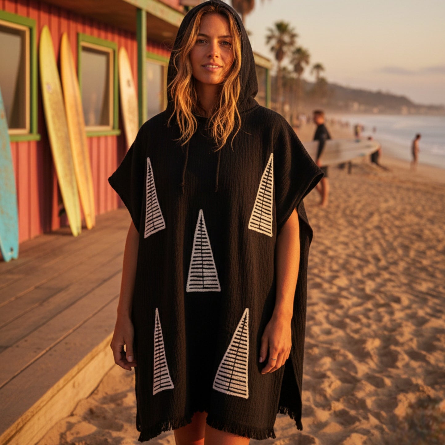 Pyramid Turkish Towel Surf Poncho - Ecru on Black