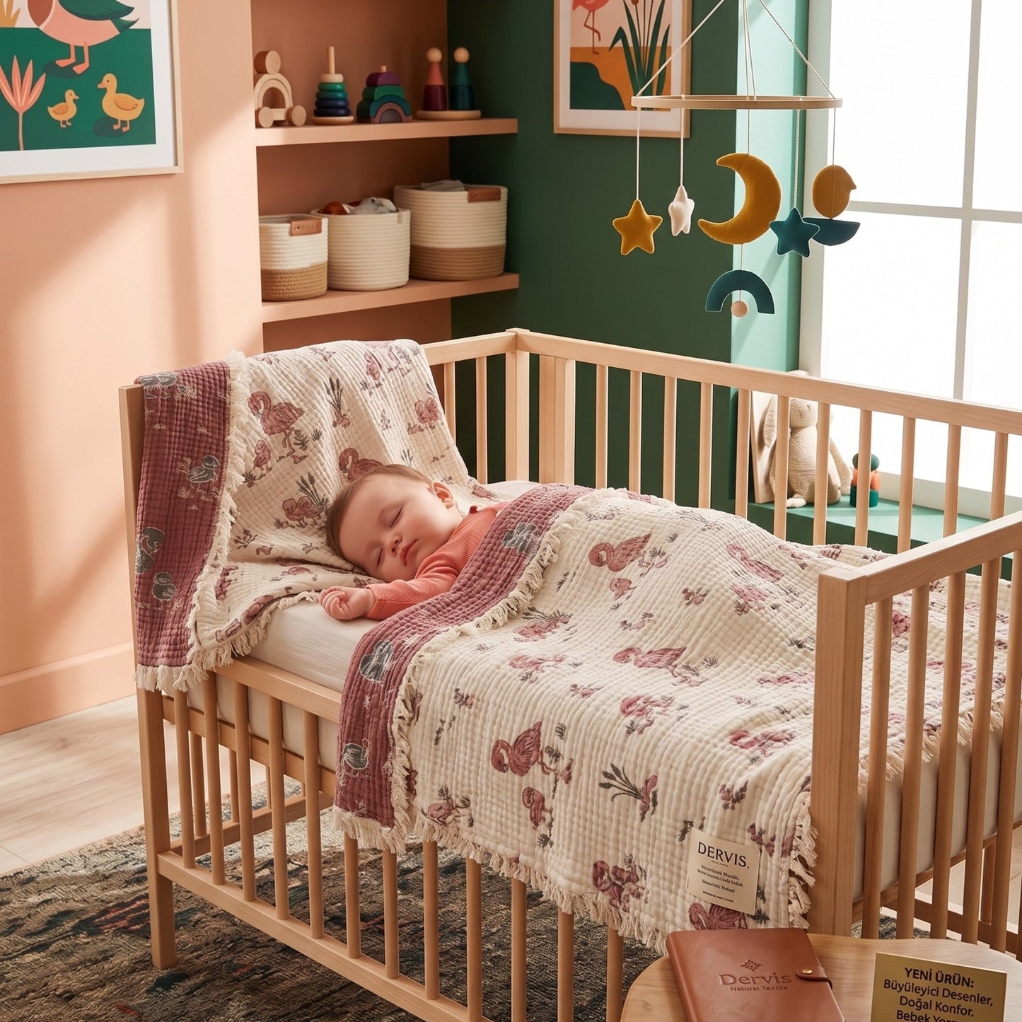 Reversible Flamingo Muslin Baby Quilt 130x130 cm | 100% Cotton Baby Blanket