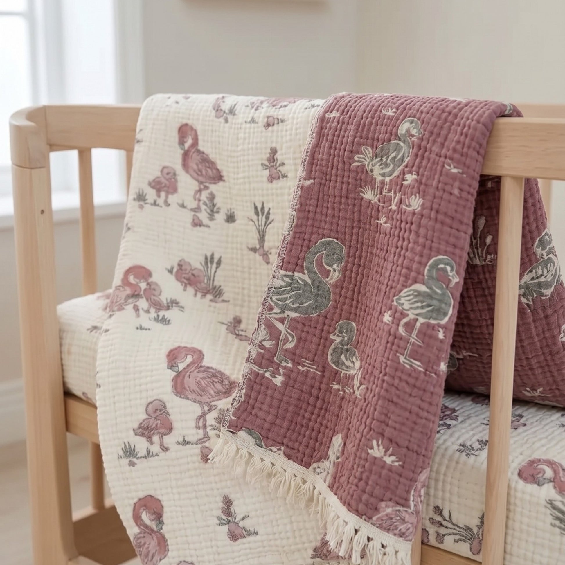 Reversible Flamingo Muslin Baby Quilt 130x130 cm | 100% Cotton Baby Blanket draped over a wooden chair with a neutral background