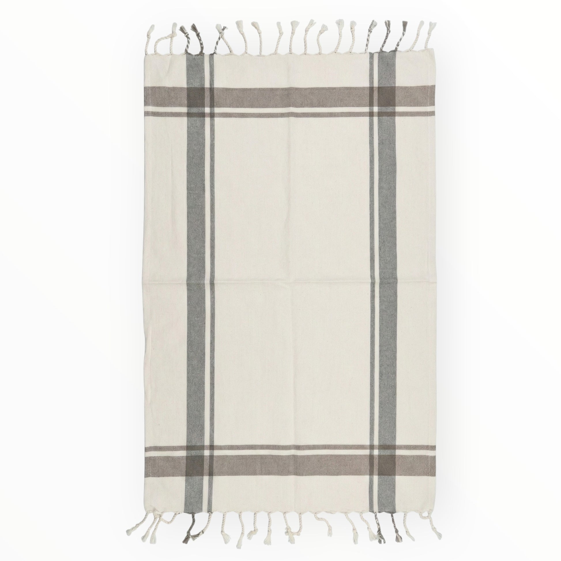 Plaid Traditional Turkish Peşkir Hand-Woven, Hand-Knotted, Natural Cotton with white and gray stripes on a white background