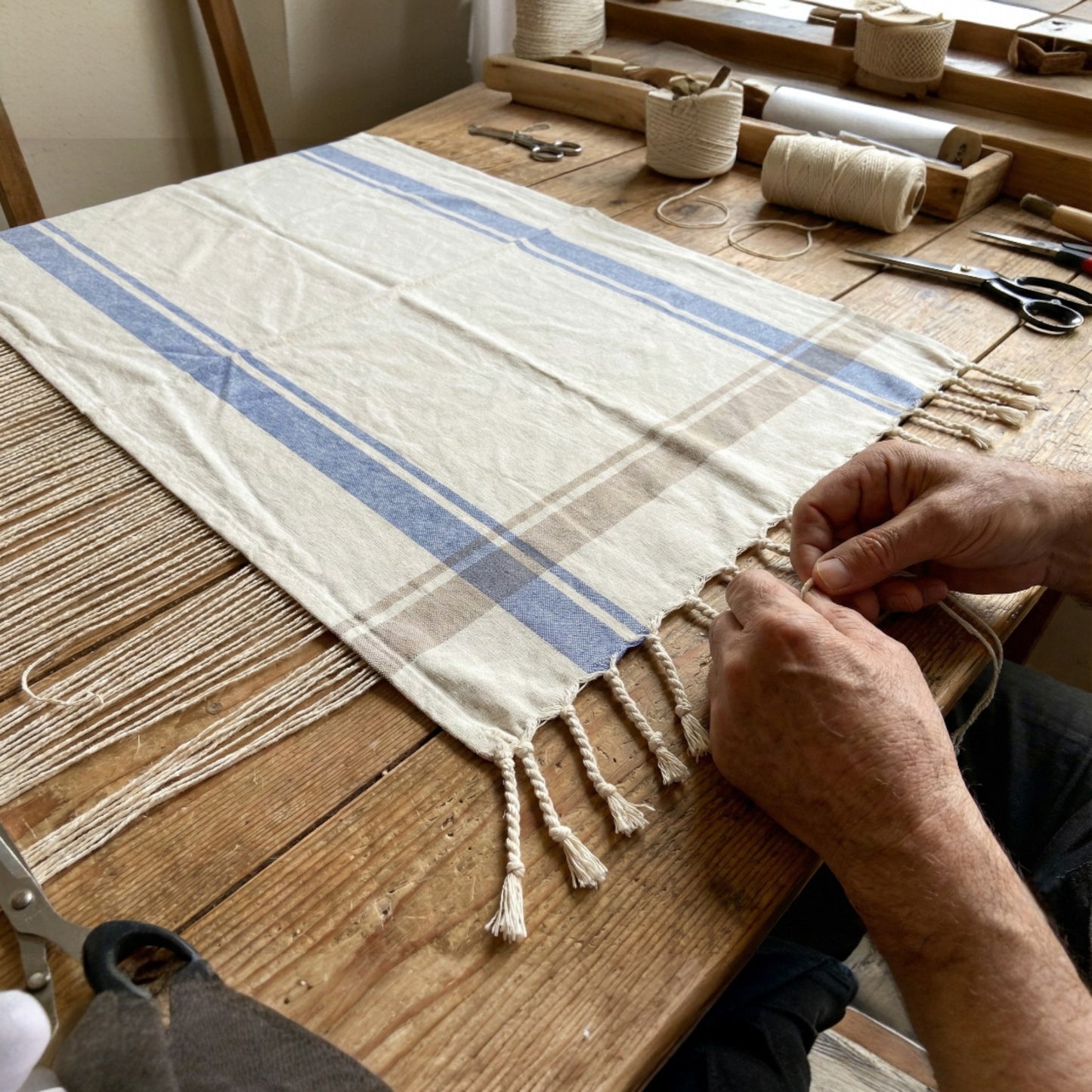 Person working on a woven textile with blue and beige stripes Traditional Turkish Peşkir — Hand-Woven, Hand-Knotted, Natural Cotton on a wooden table.