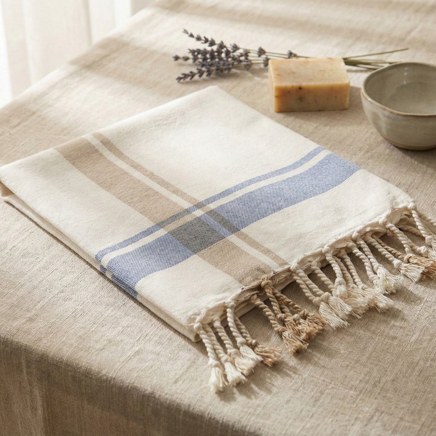 Beige Traditional Turkish Peşkir — Hand-Woven, Hand-Knotted, Natural Cotton with blue stripes and tassels on a table with lavender and soap.