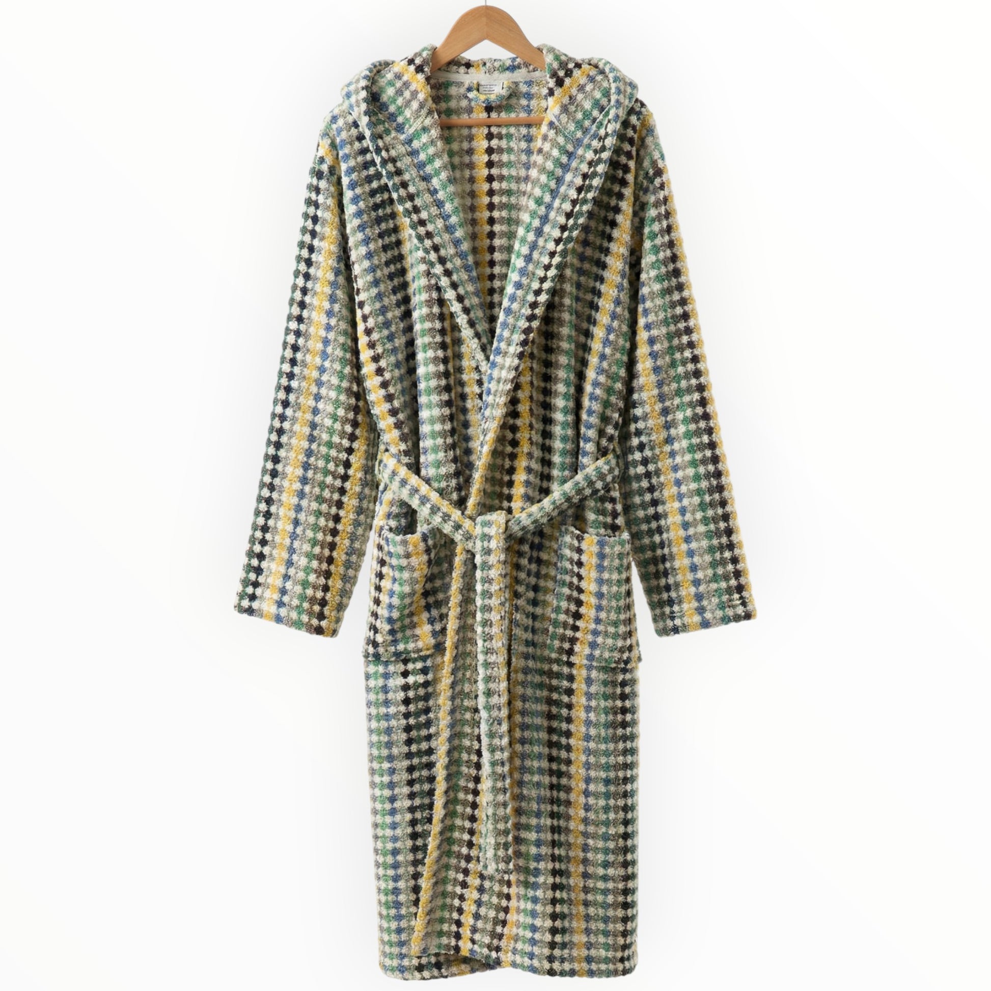 Turkish Terry Bathrobe Hooded, Unisex, Premium Cotton on a hanger against a white background