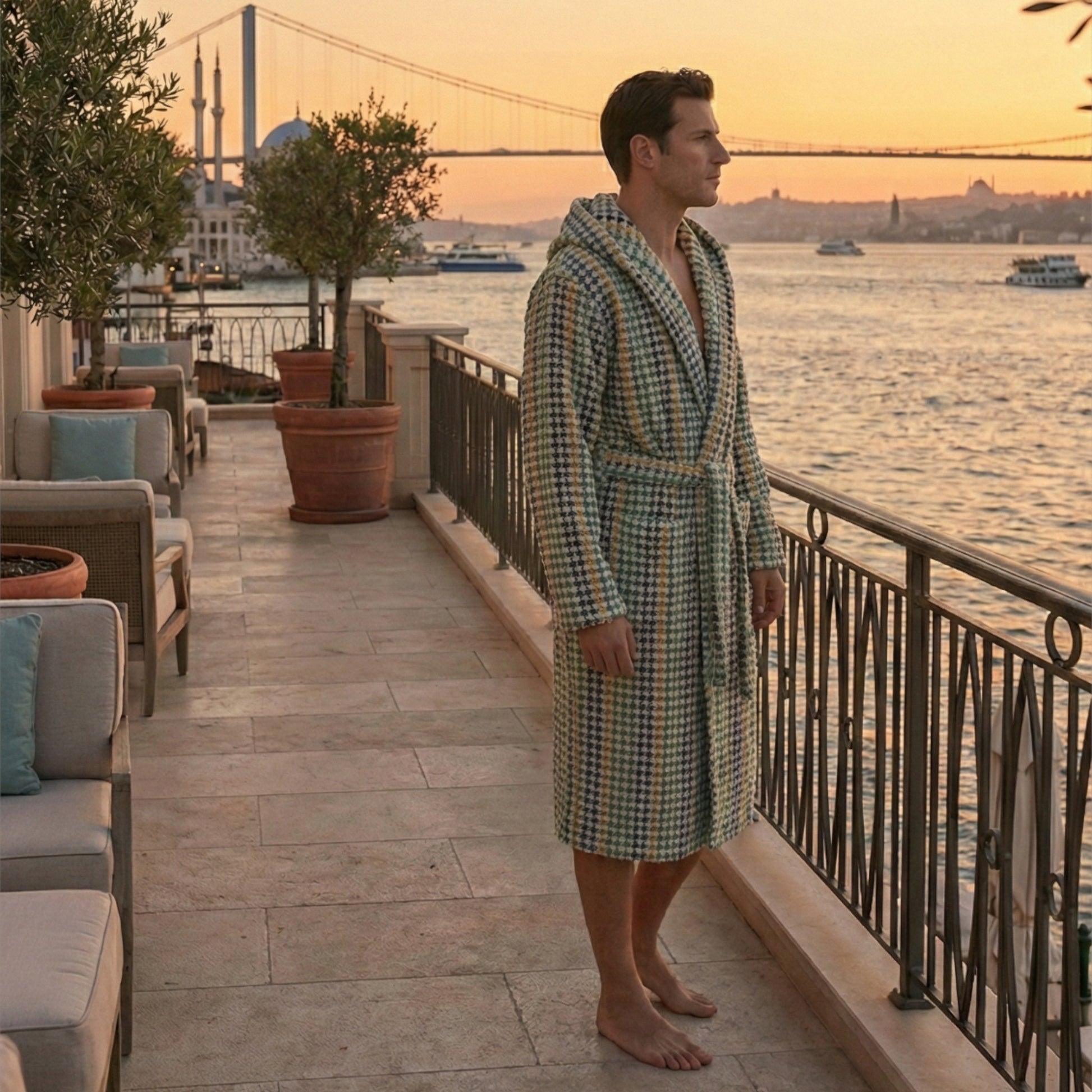 Man in a Turkish Terry Bathrobe Hooded, Unisex, Premium Cotton standing on a balcony overlooking a waterfront at sunset in Bosphorus Istanbul.