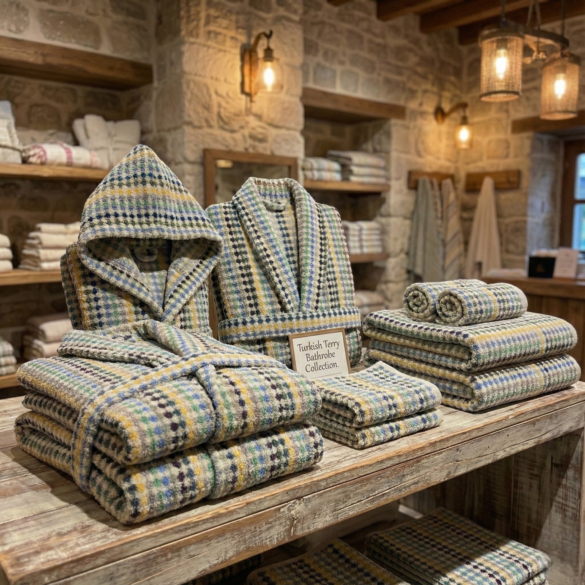 Set of Turkish Terry Bathrobe Hooded, Unisex, Premium Cotton towels and robes on a wooden table with a stone wall background ib Dervis Natural Textile showroom Galata Beyoglu Istanbul