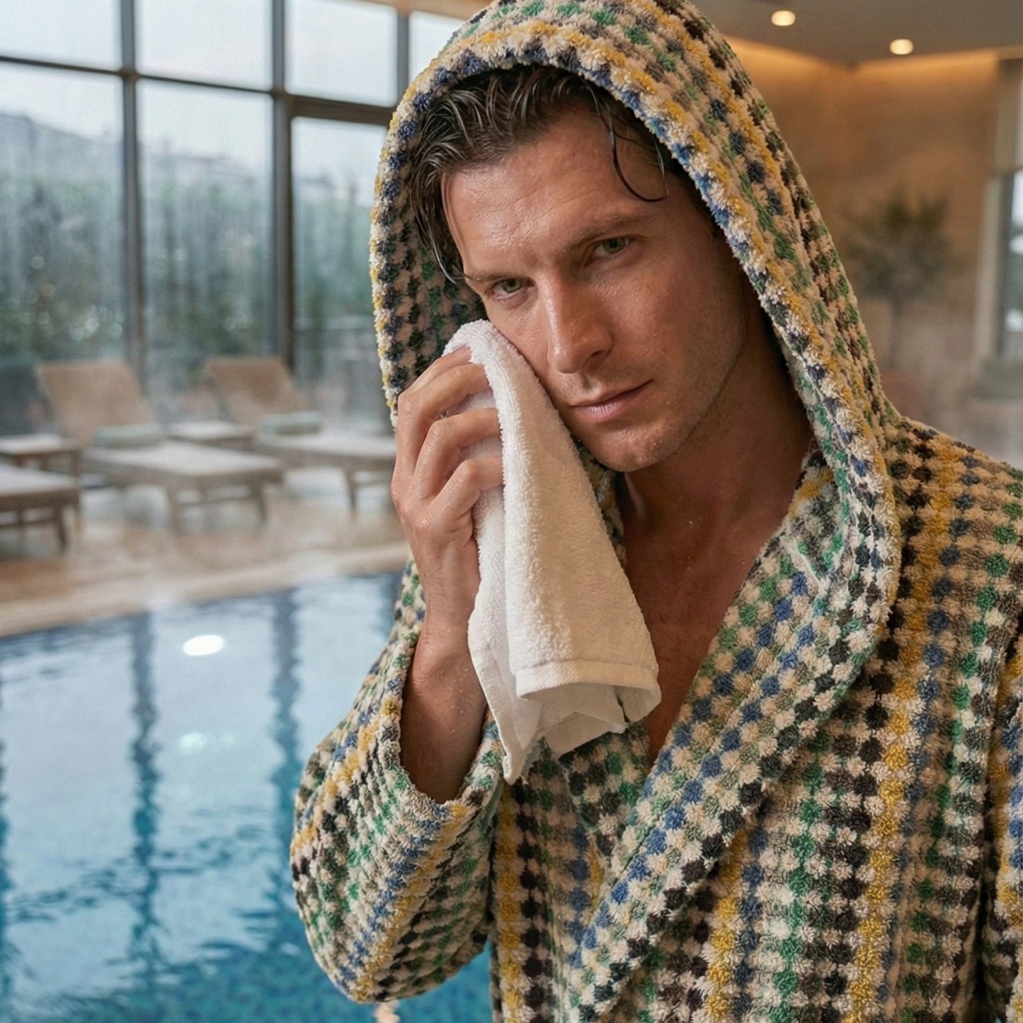 Man in a Turkish Terry Bathrobe Hooded, Unisex, Premium Cotton holding a towel by a pool